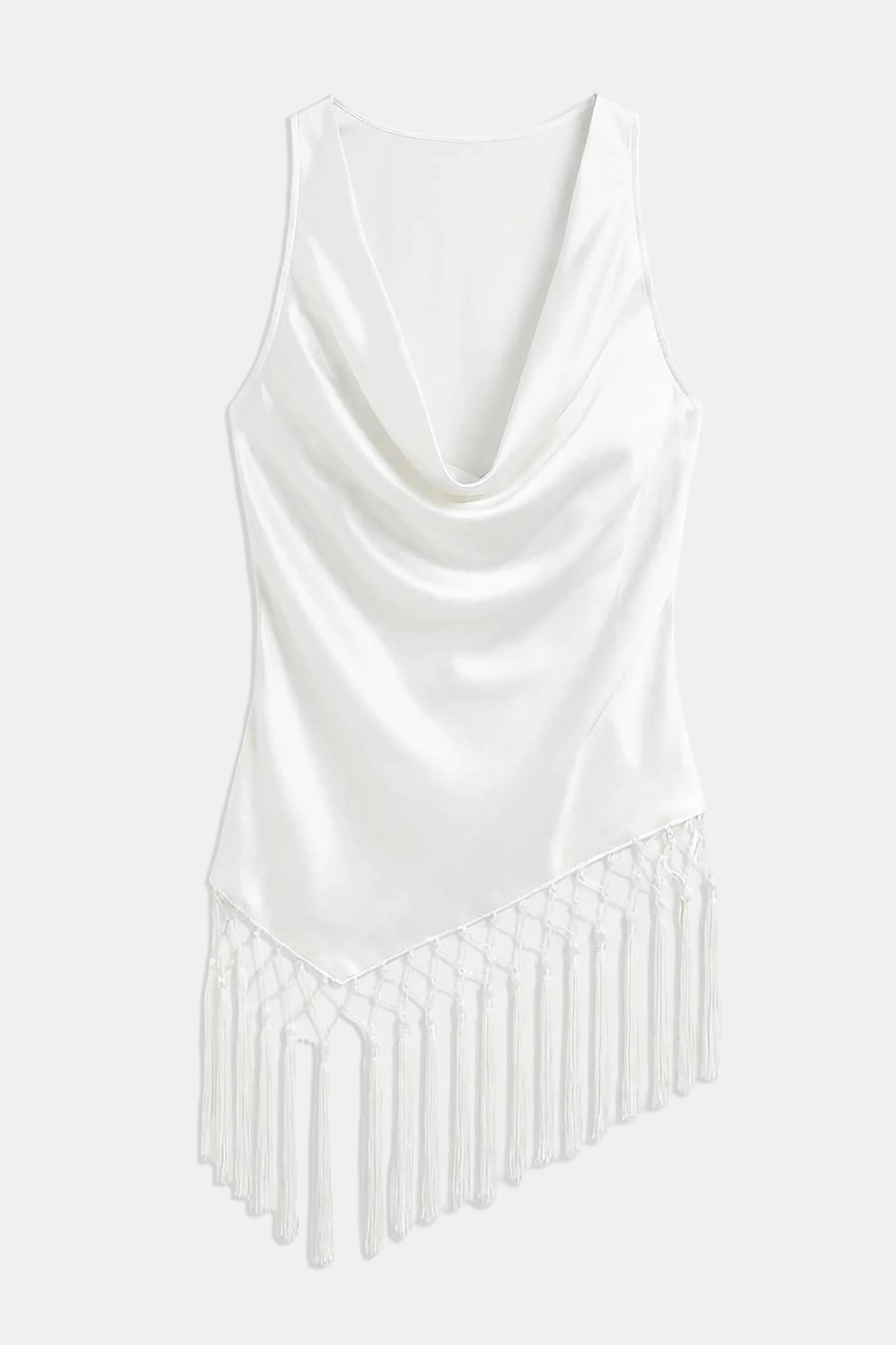Satin Cowl Neck Tassel Hem Top - Cream - Image 9