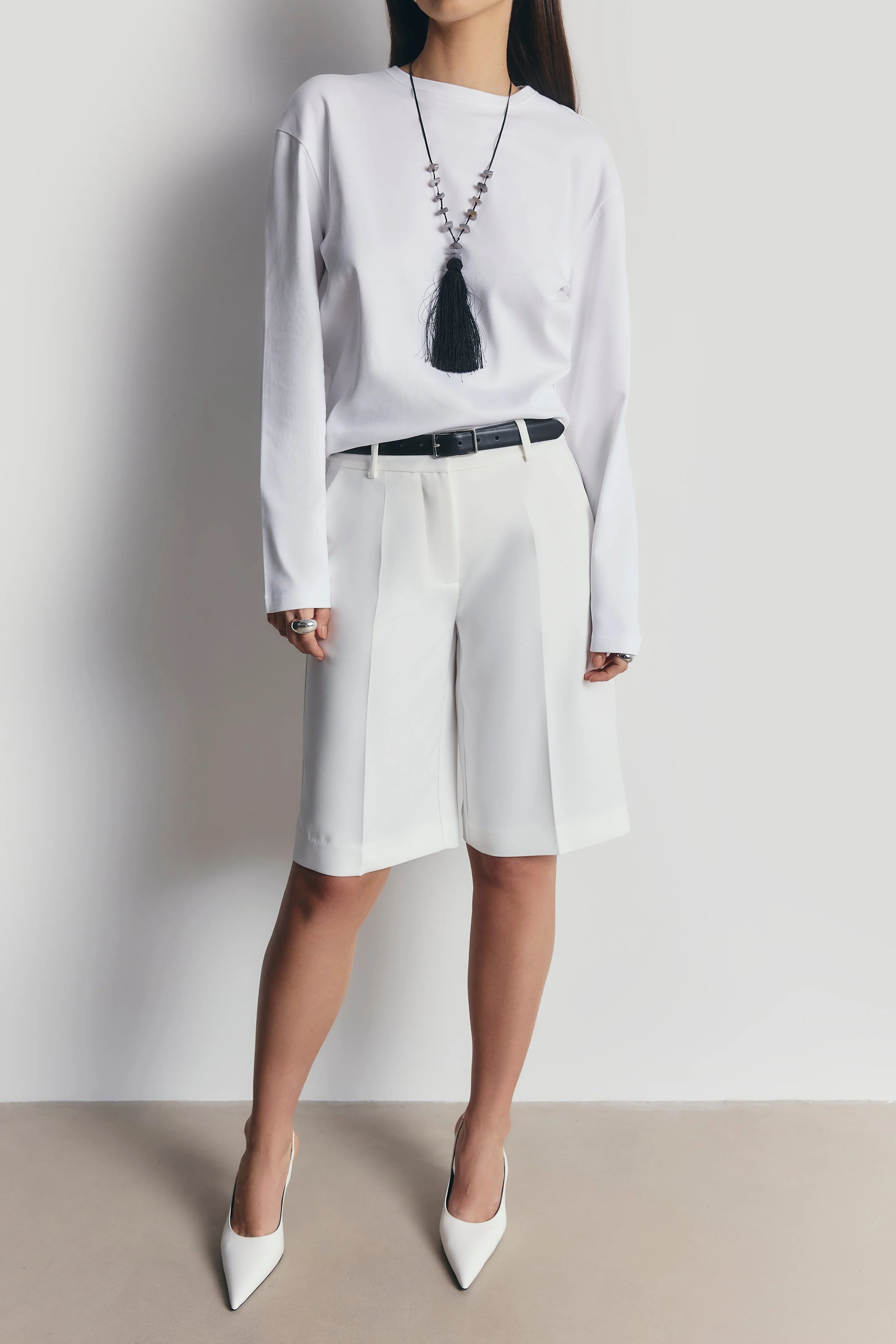 Satin Detail Longline Shorts - White - Image 6
