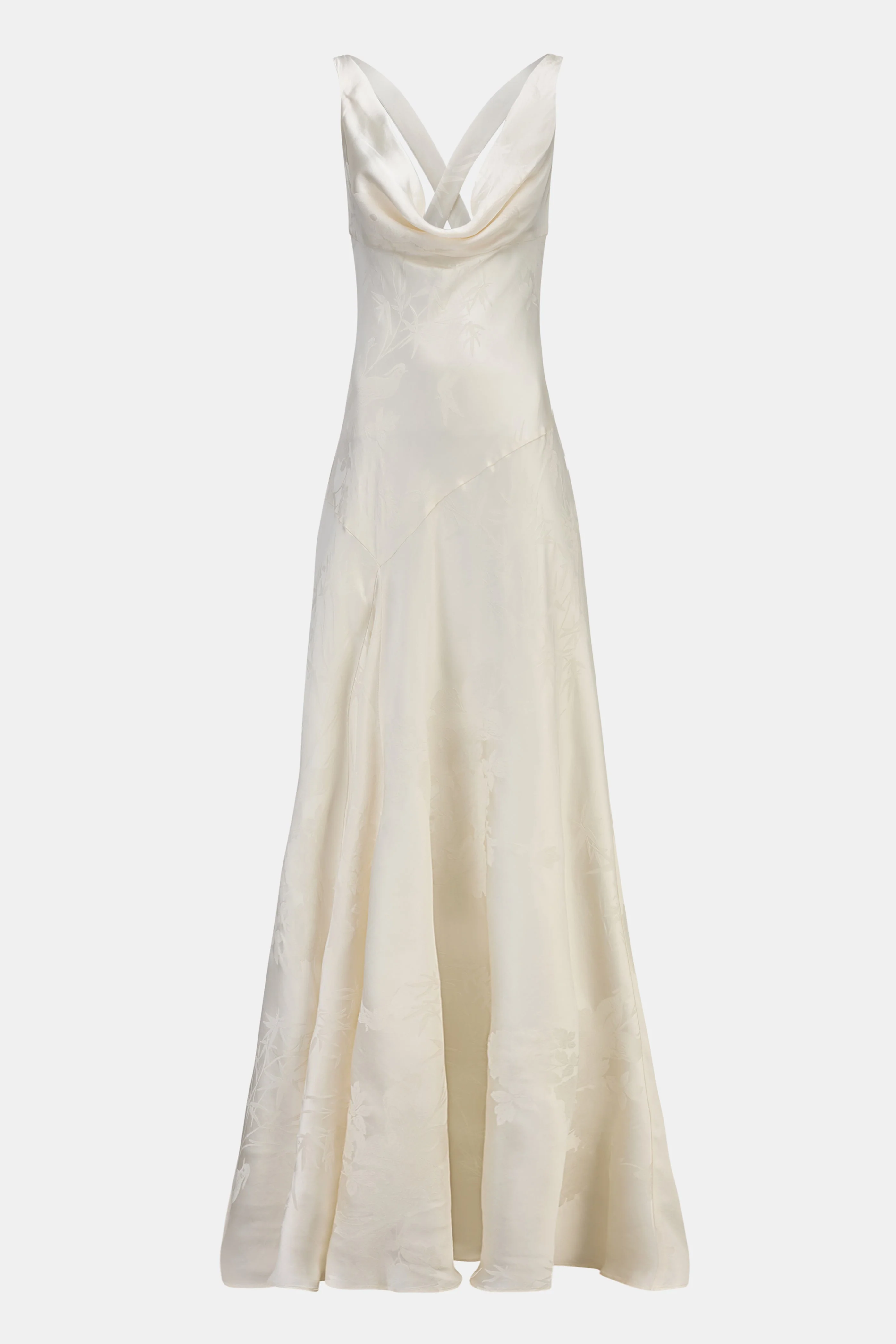 Satin Jacquard Asymmetric Panel Gown - Cream - Image 12