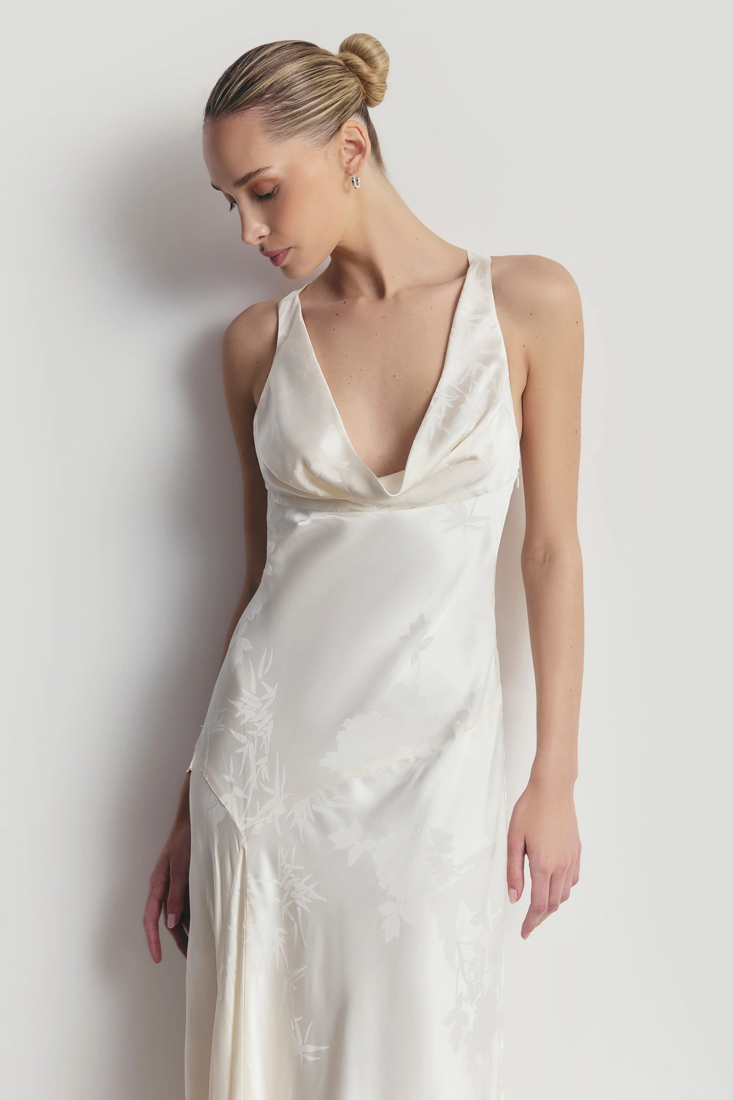 Satin Jacquard Asymmetric Panel Gown - Cream - Image 3