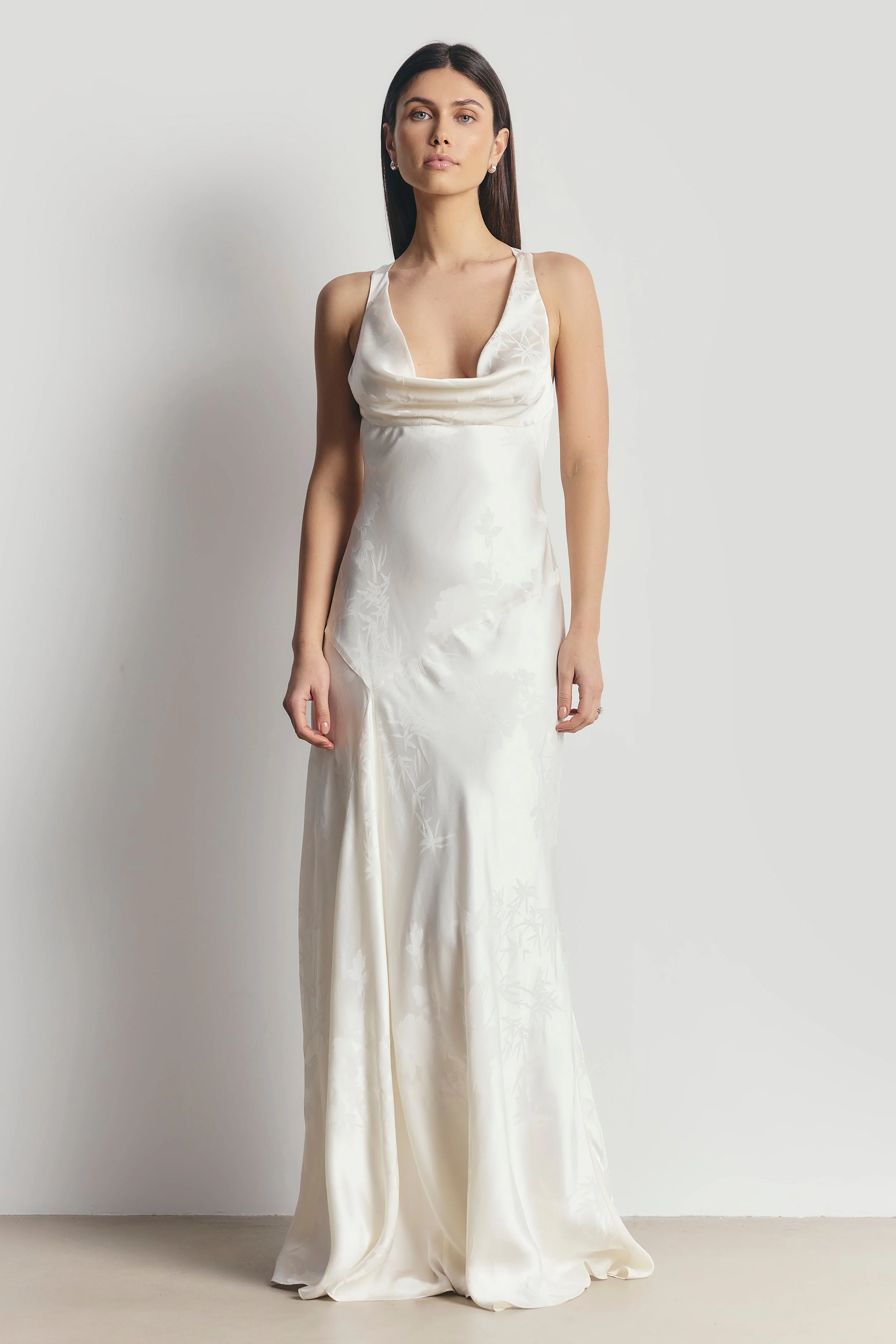 Satin Jacquard Asymmetric Panel Gown - Cream - Image 8