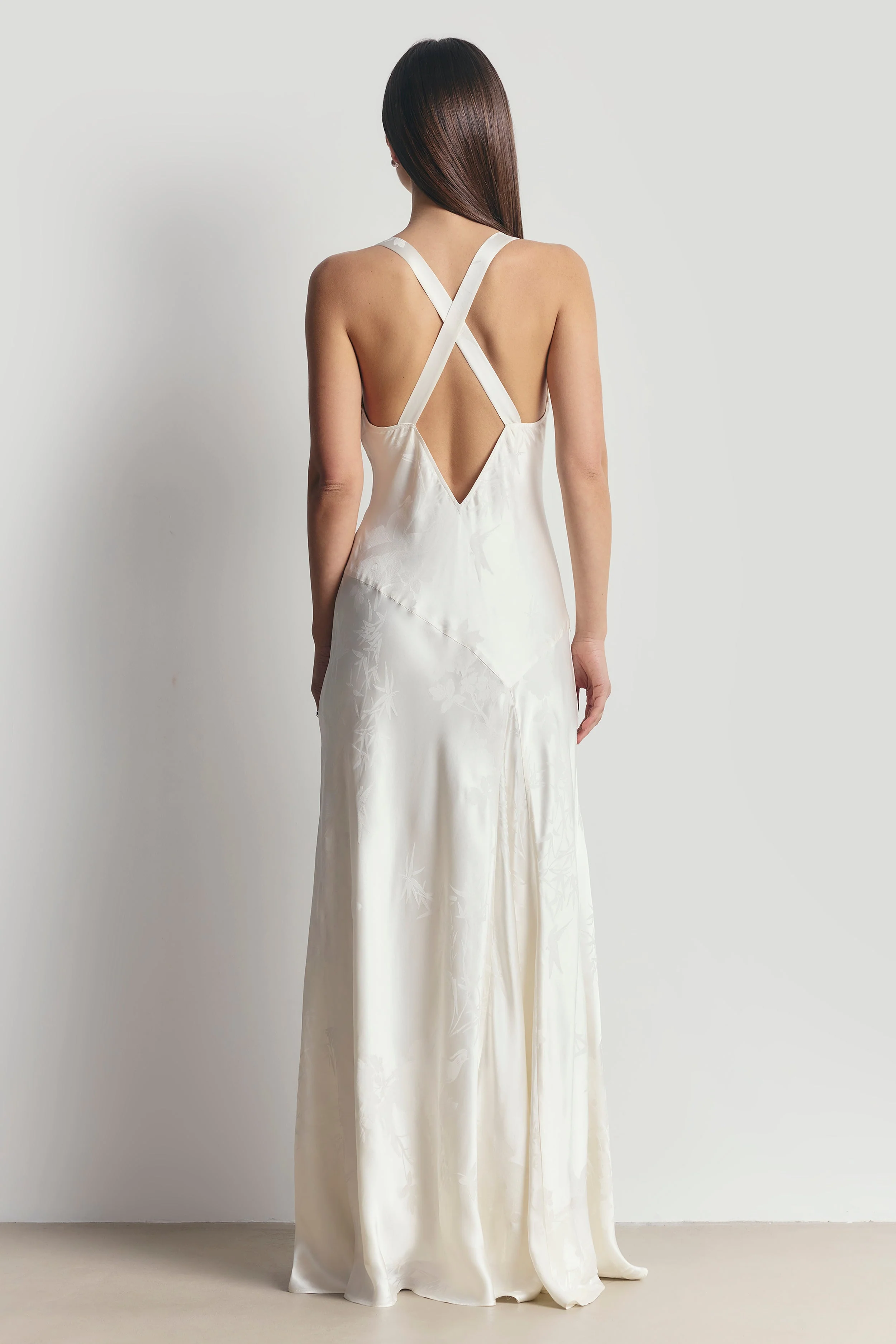 Satin Jacquard Asymmetric Panel Gown - Cream - Image 9
