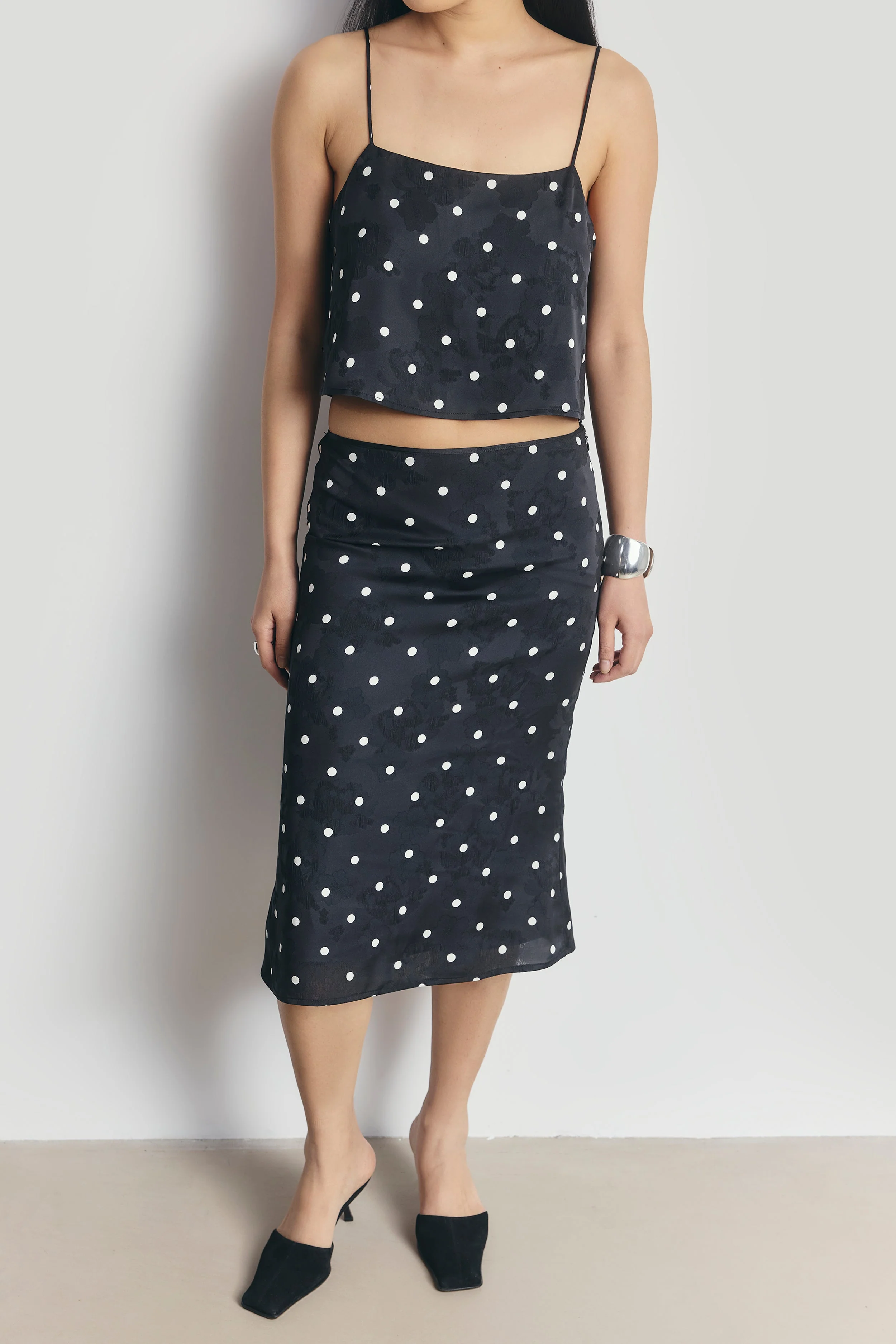 Satin Jacquard Polka Dot Midi Skirt - Black Polka Dot - Image 2