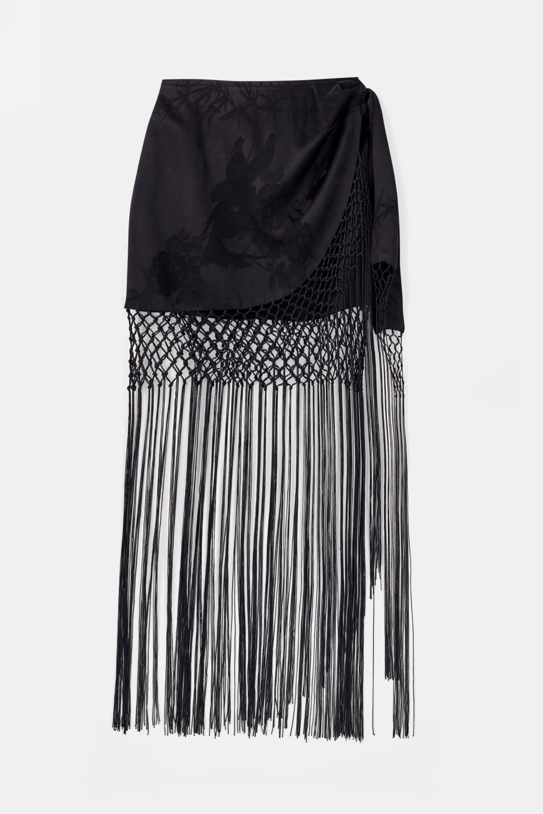 Satin Jacquard Sarong Midi Skirt with Fringing - Black - Image 8