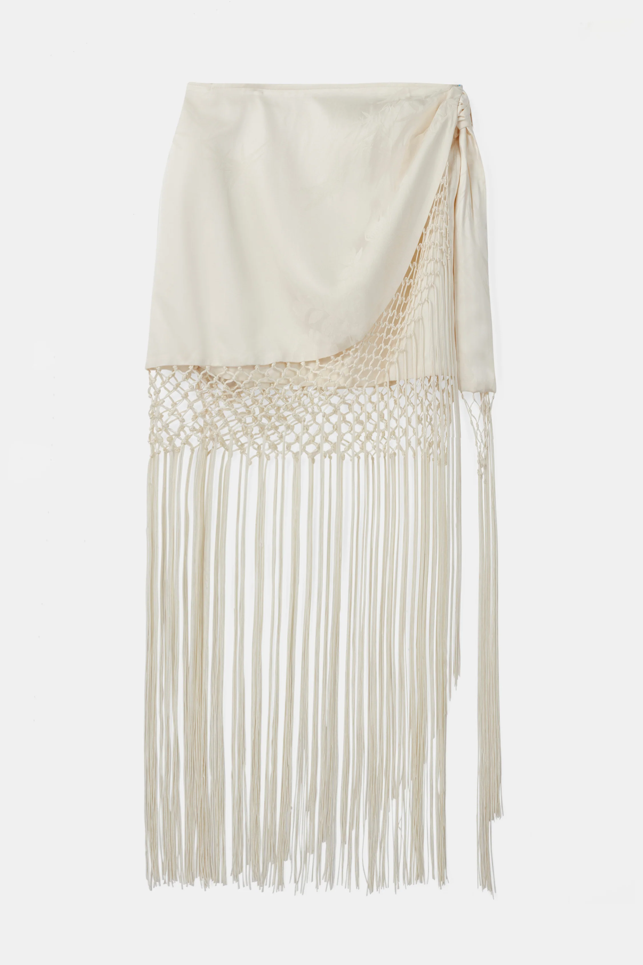 Satin Jacquard Sarong Midi Skirt with Fringing - Cream - Image 8