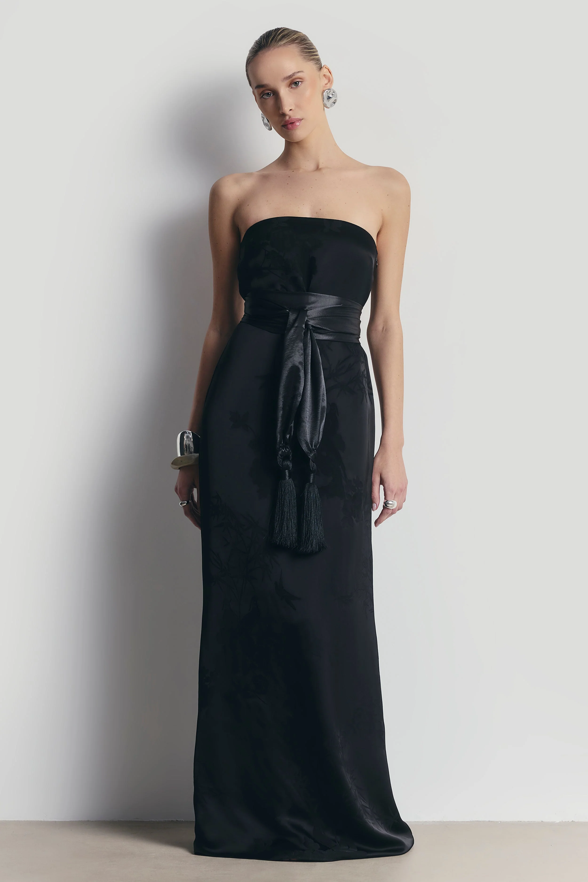 Satin Jacquard Strapless Maxi Dress - Black - Image 8