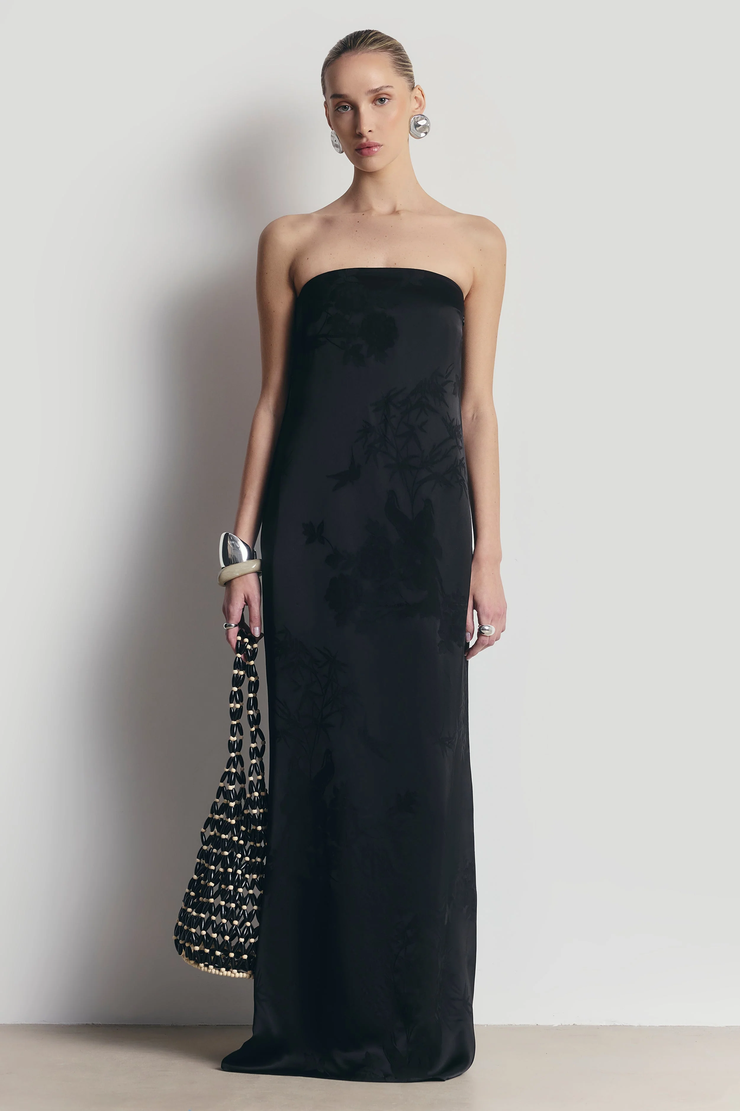 Satin Jacquard Strapless Maxi Dress - Black - Image 9