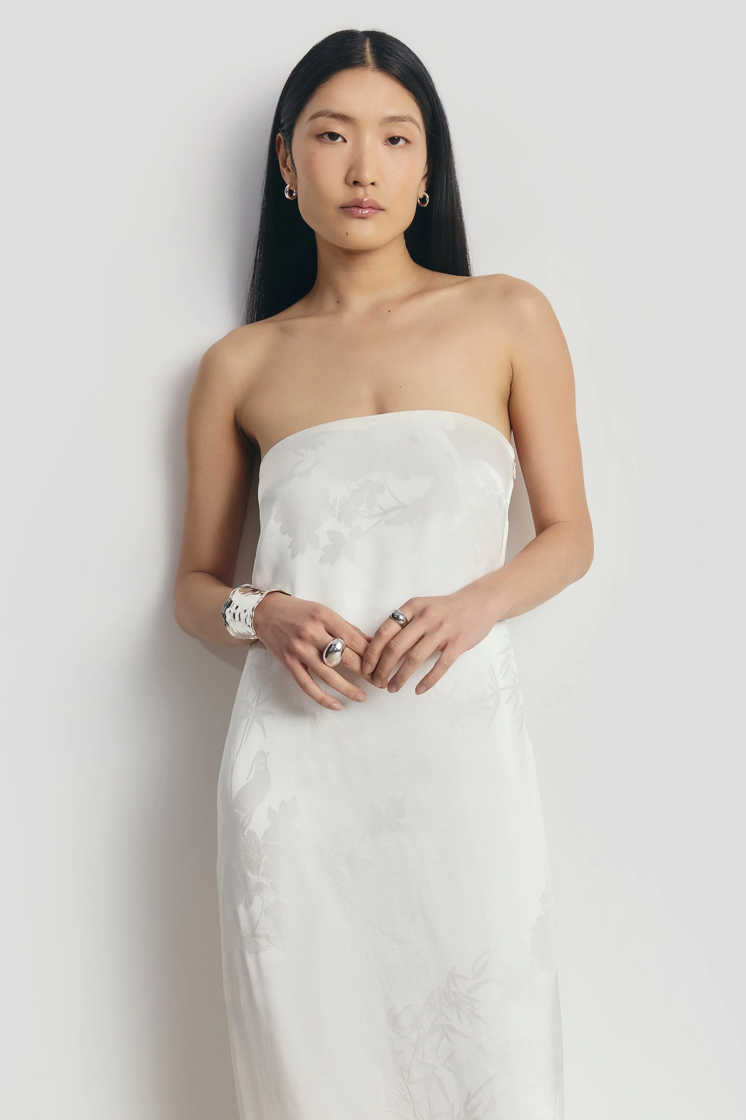 Satin Jacquard Strapless Maxi Dress - Cream - Image 4