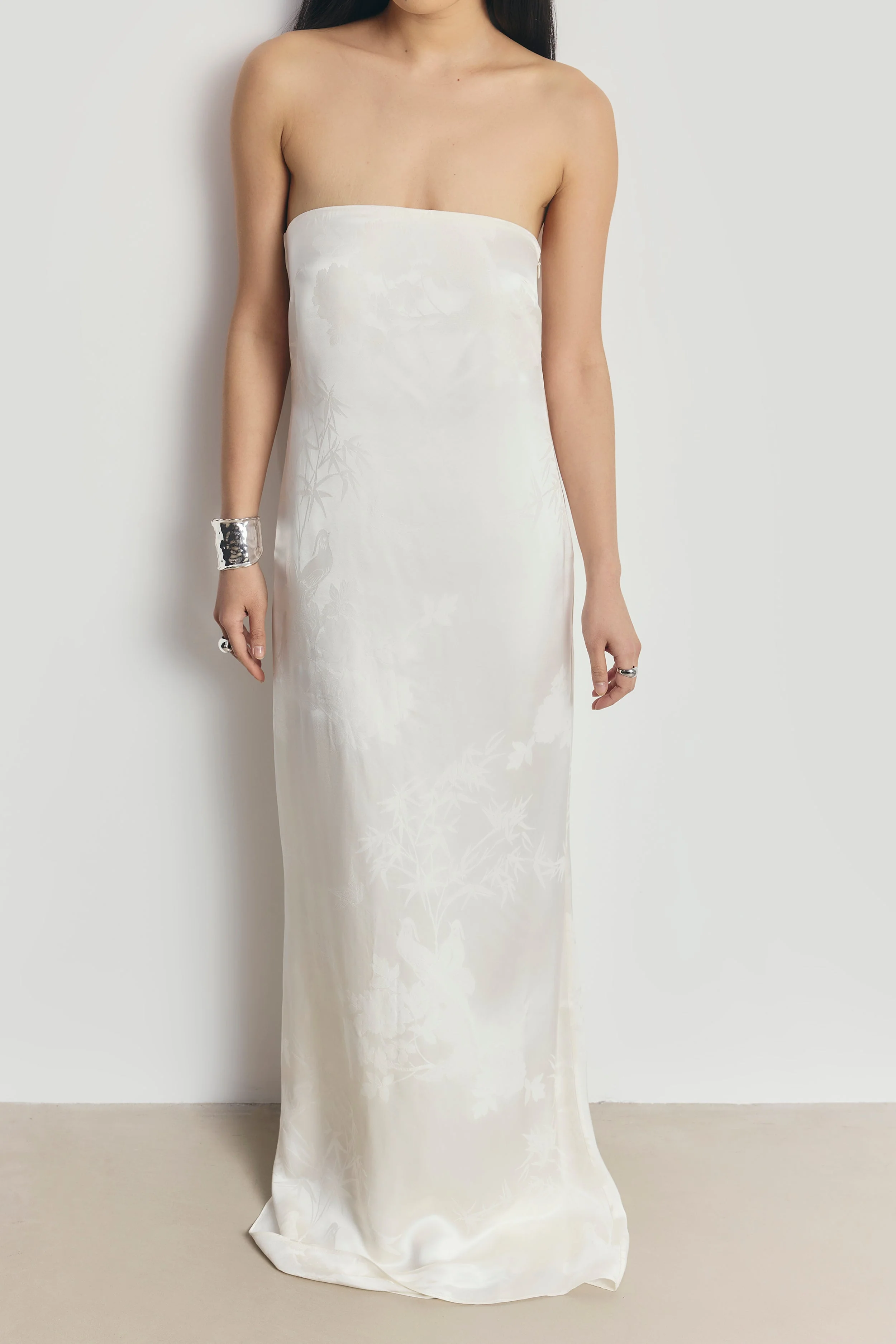 Satin Jacquard Strapless Maxi Dress - Cream - Image 5