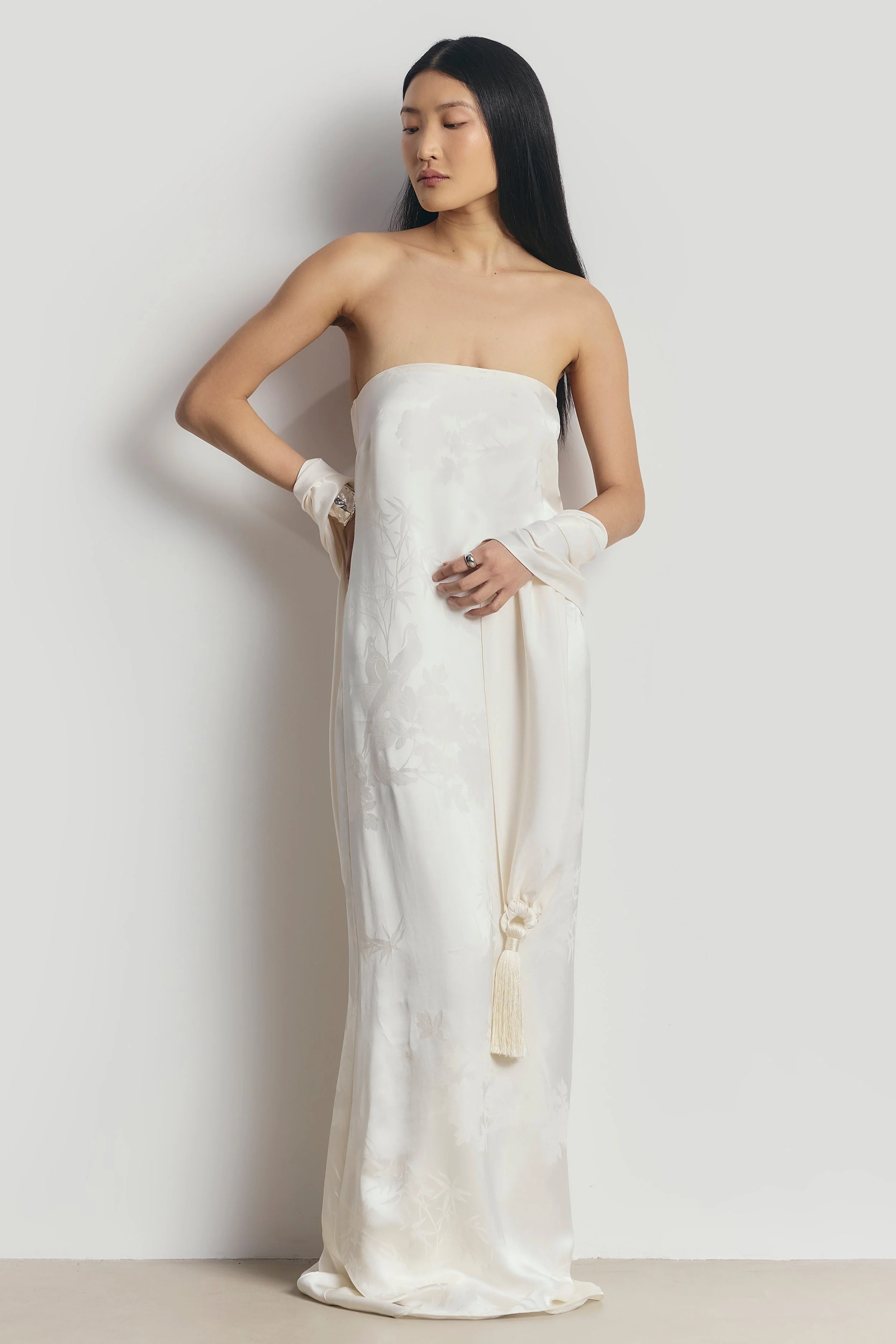 Satin Jacquard Strapless Maxi Dress - Cream - Image 7