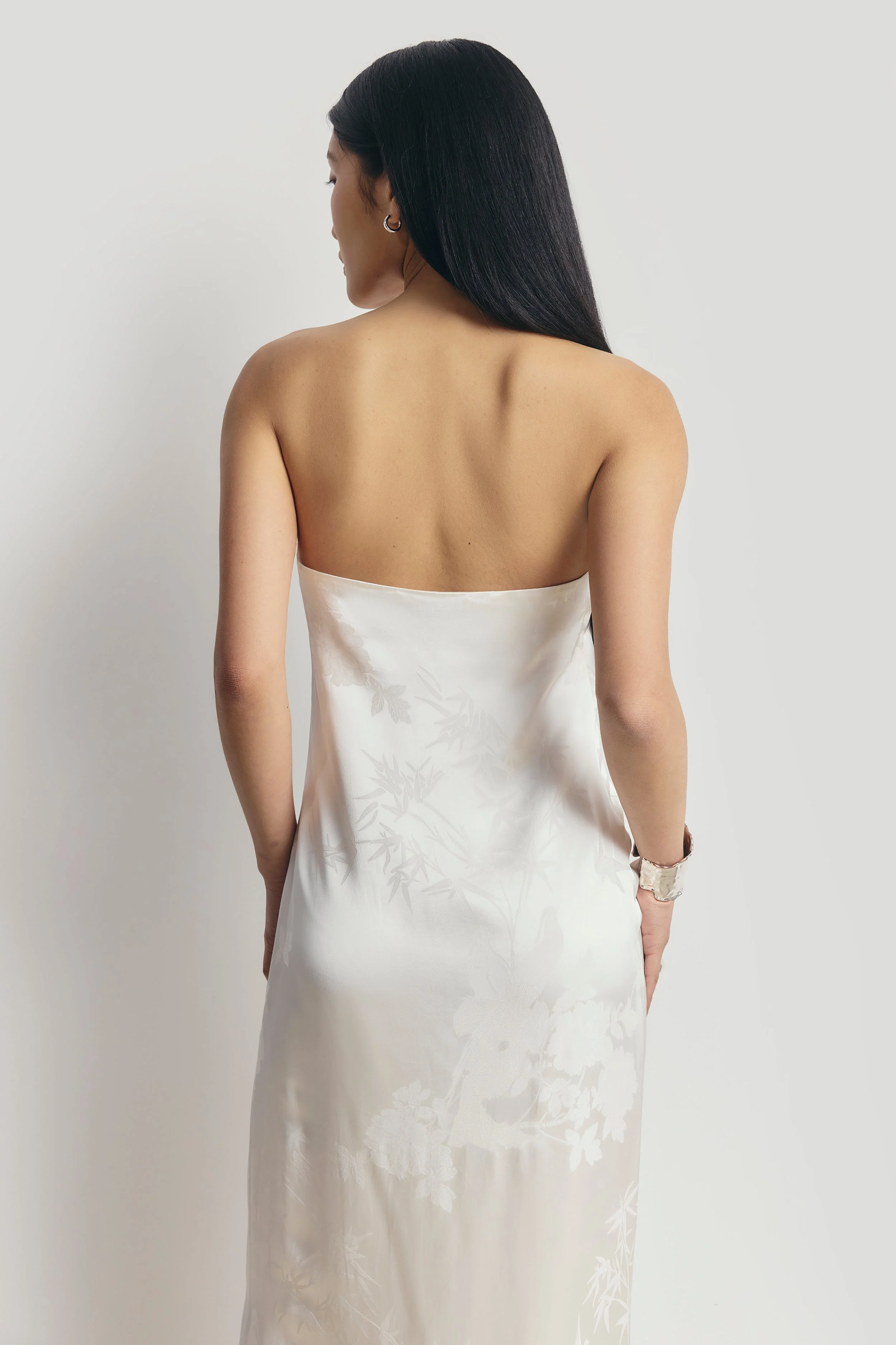 Satin Jacquard Strapless Maxi Dress - Cream - Image 8