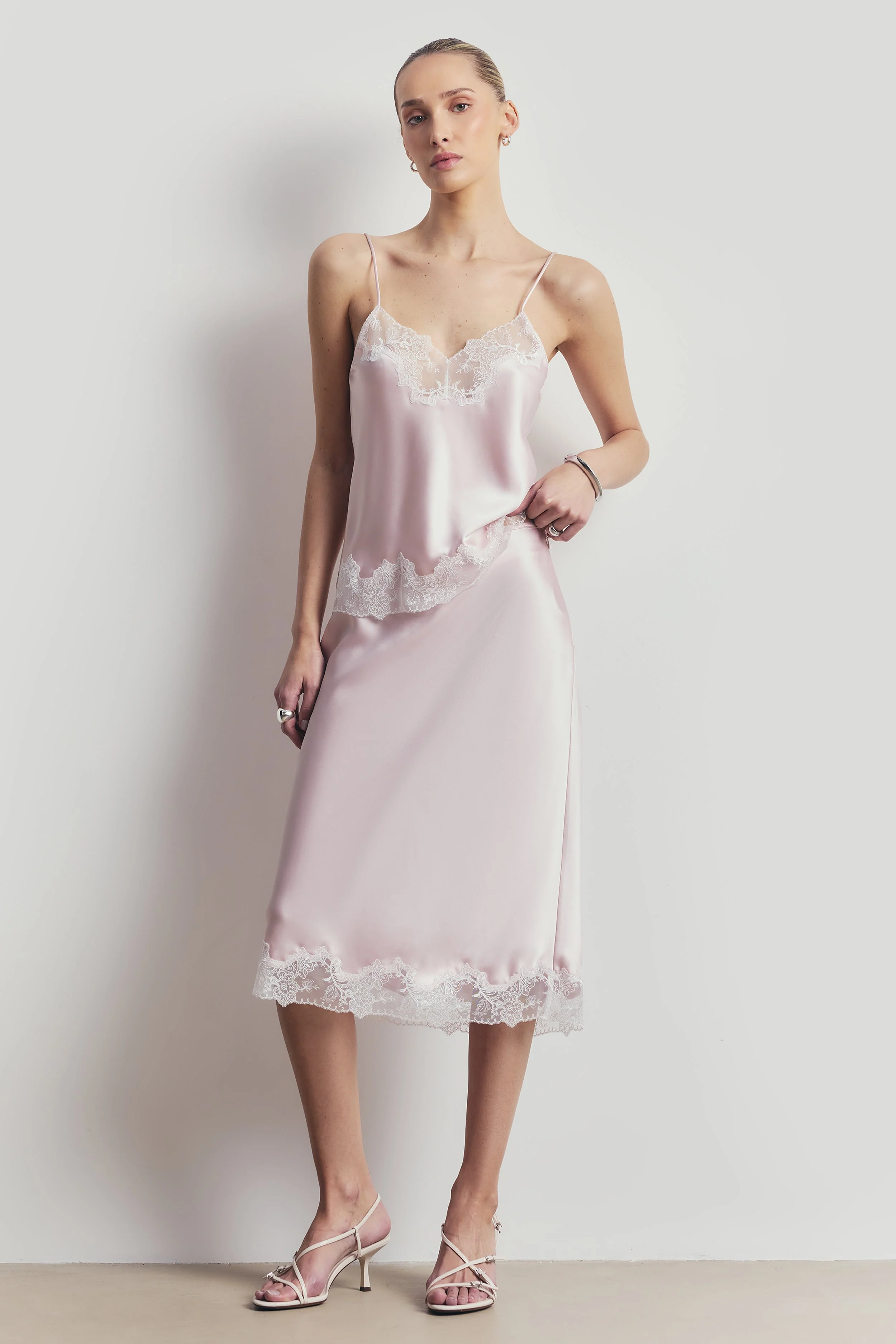 Satin Lace Detail Camisole - Blush/White - Image 6