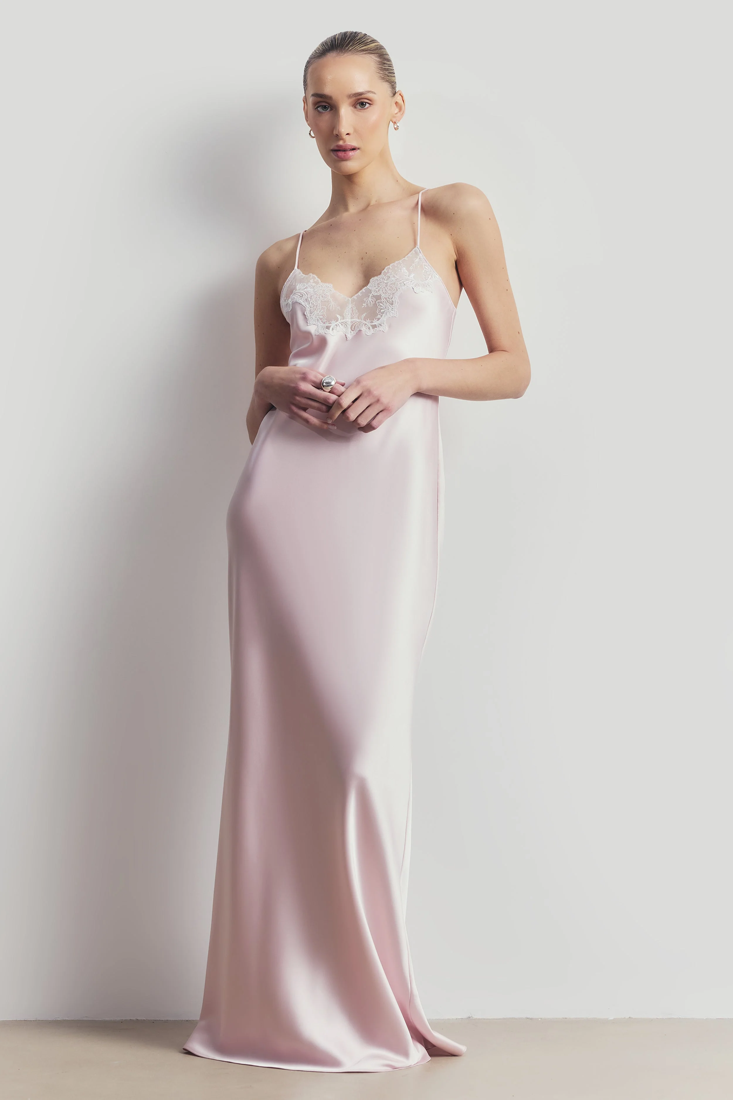 Satin Lace Detail Camisole Maxi Dress - Blush/White - Image 5