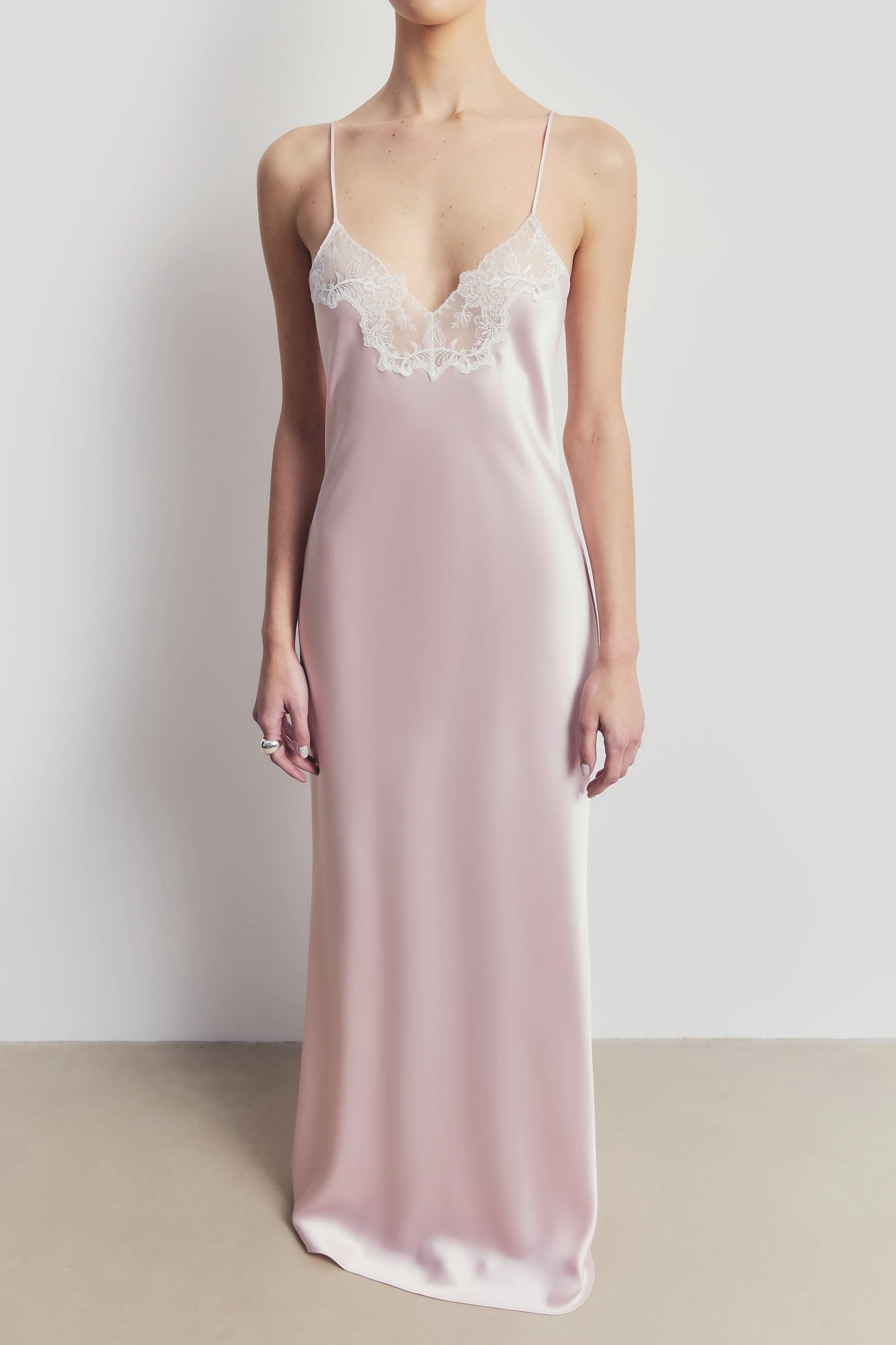 Satin Lace Detail Camisole Maxi Dress - Blush/White - Image 6