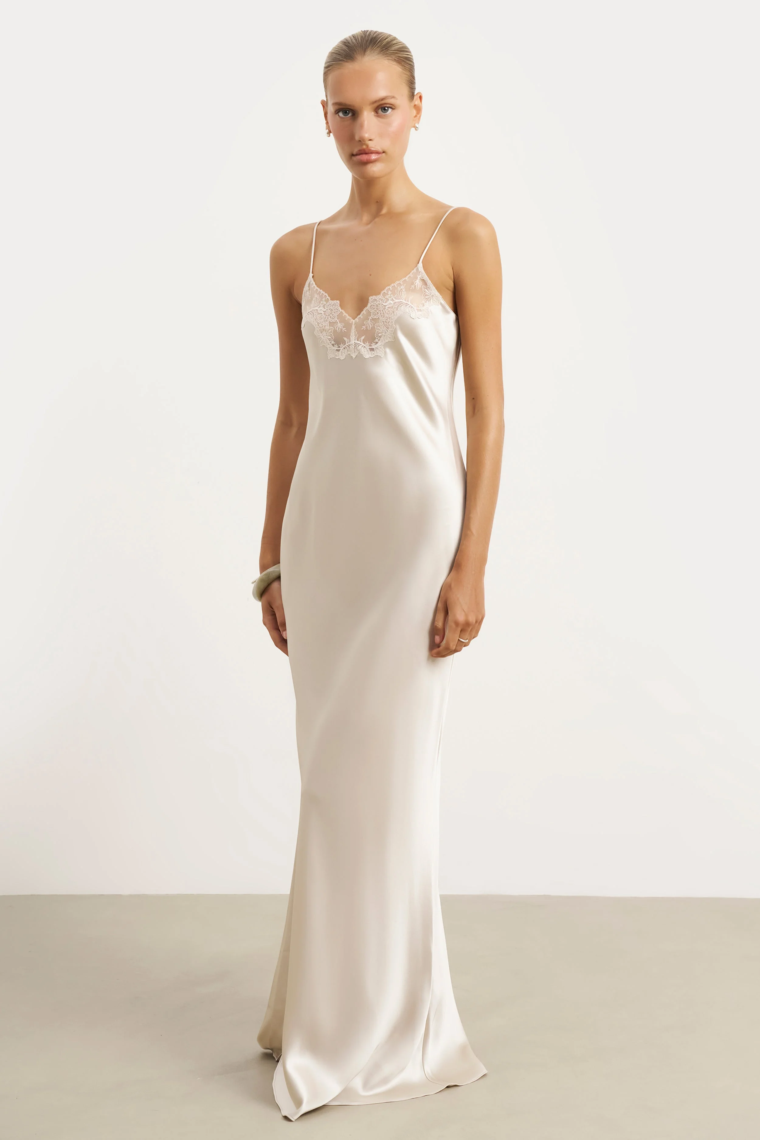 Satin Lace Detail Camisole Maxi Dress - Champagne - Image 4