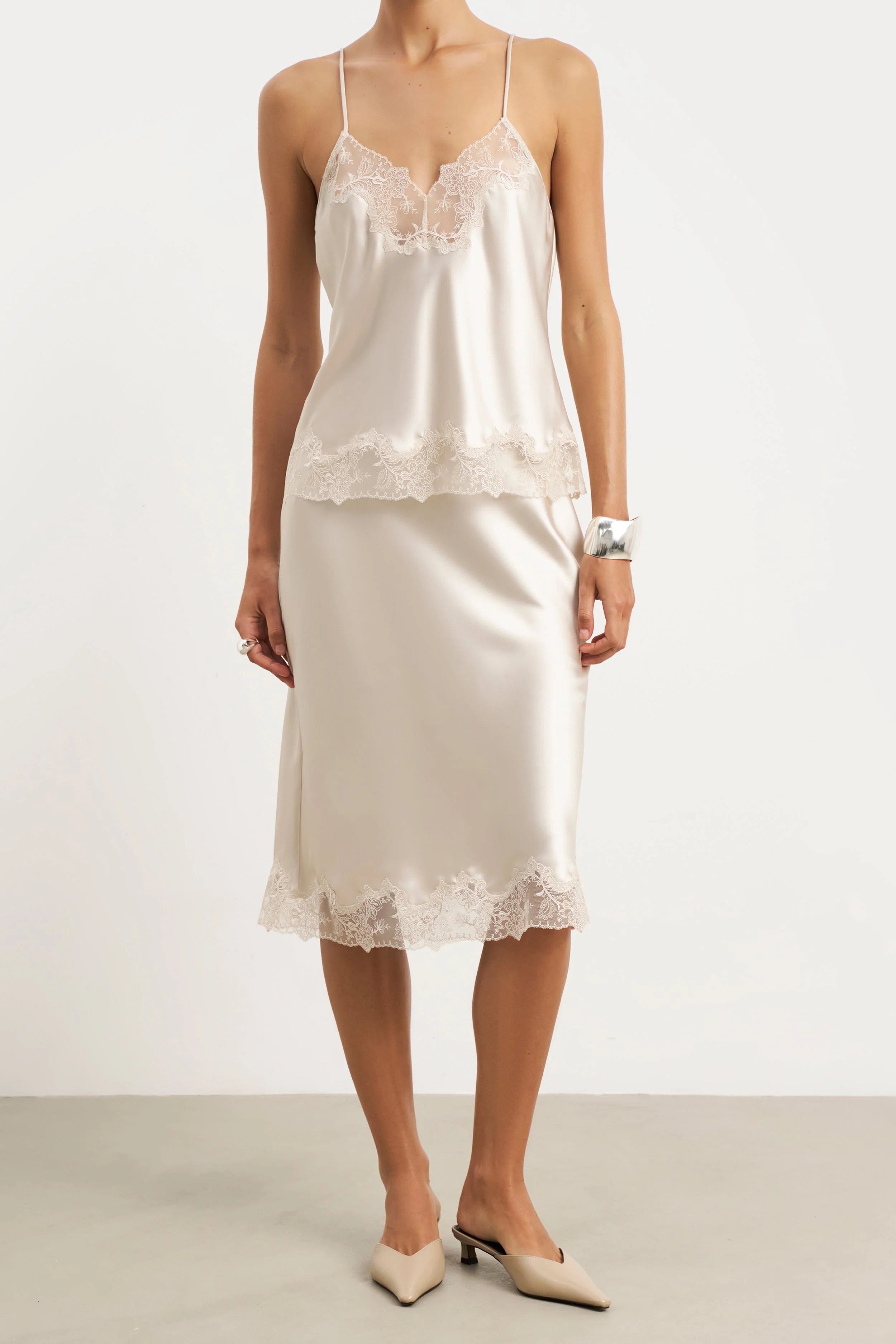 Satin Lace Detail Midi Skirt - Champagne - Image 6