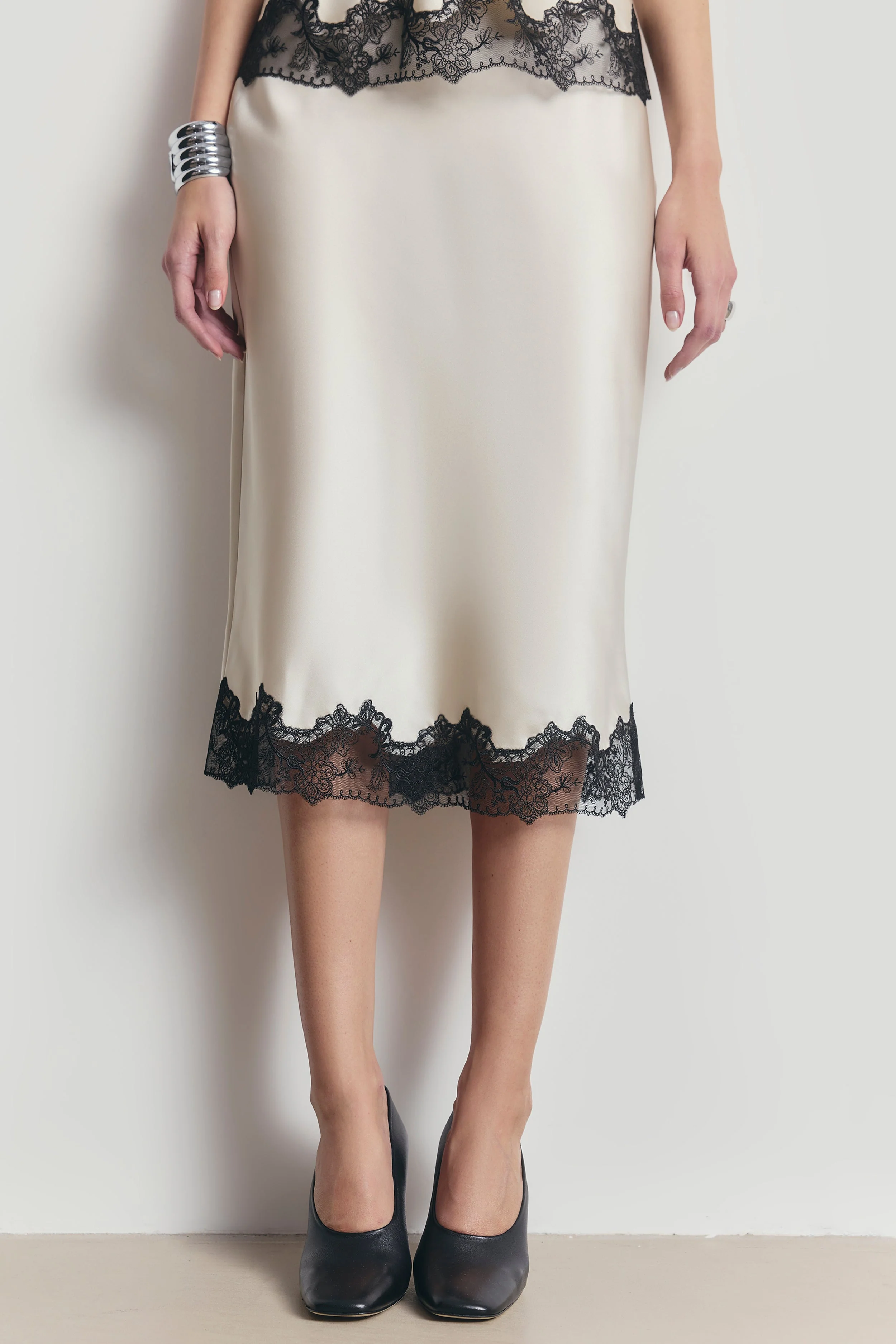Satin Lace Detail Midi Skirt - Champagne/Black - Image 4