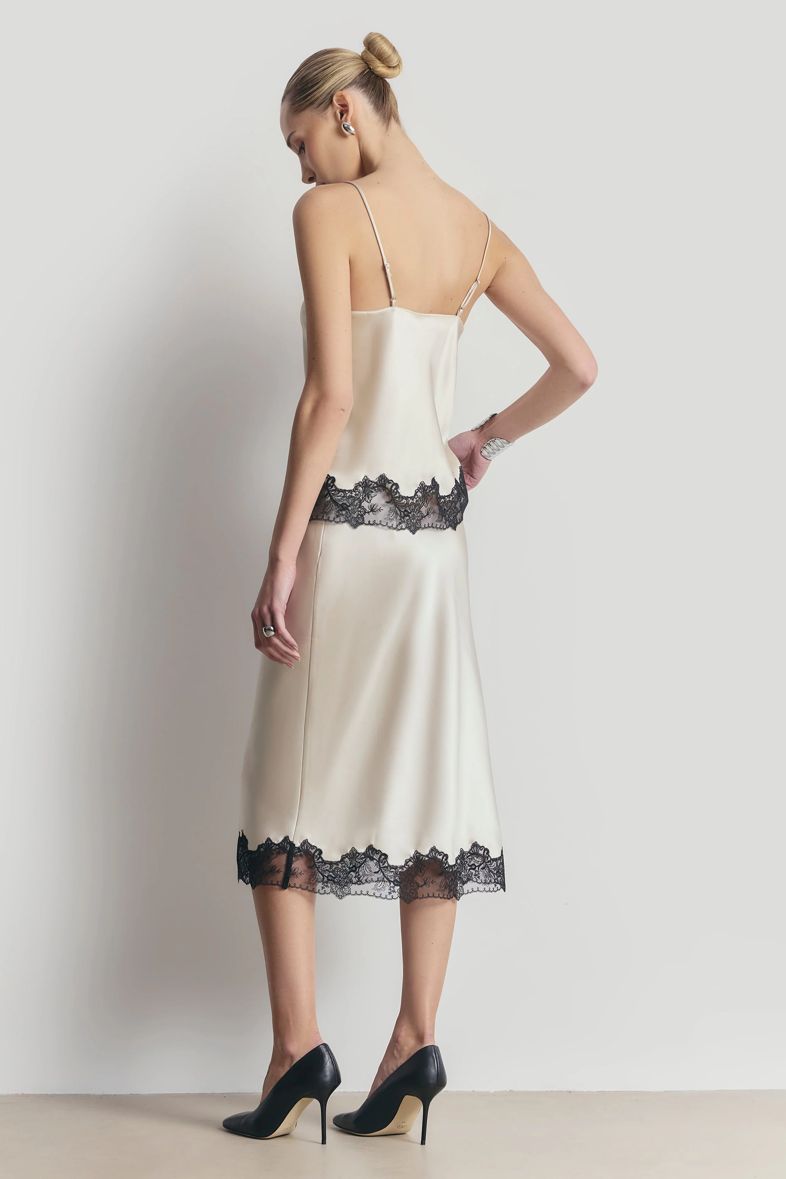 Satin Lace Detail Midi Skirt - Champagne/Black - Image 6