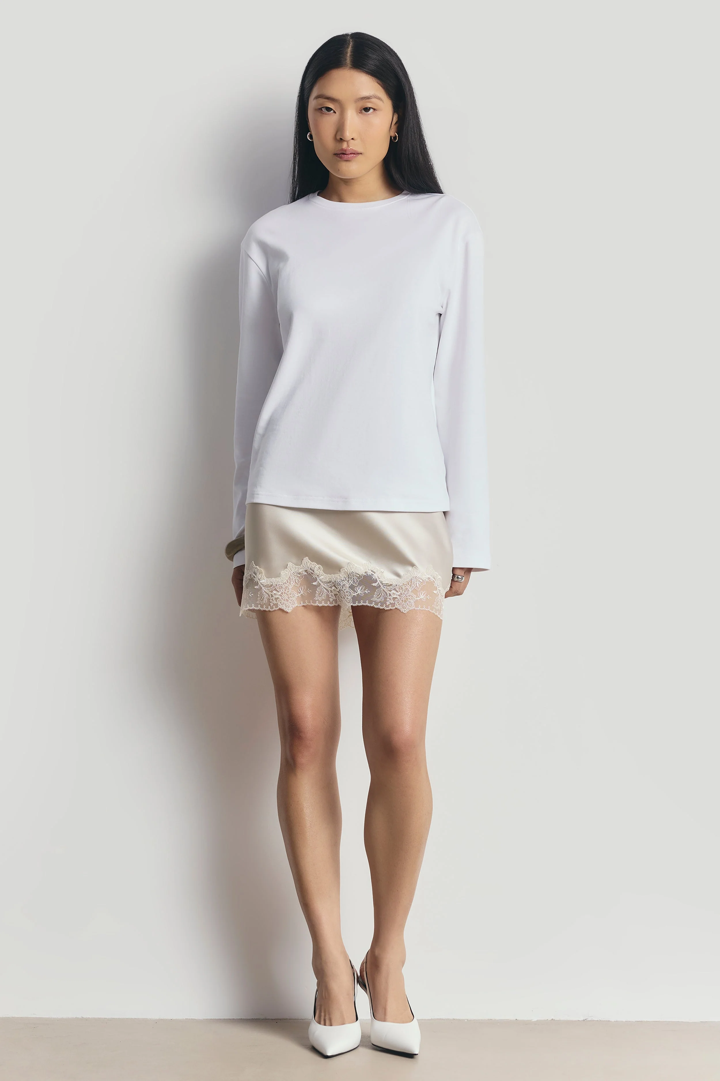 Satin Lace Detail Mini Skirt - Champagne