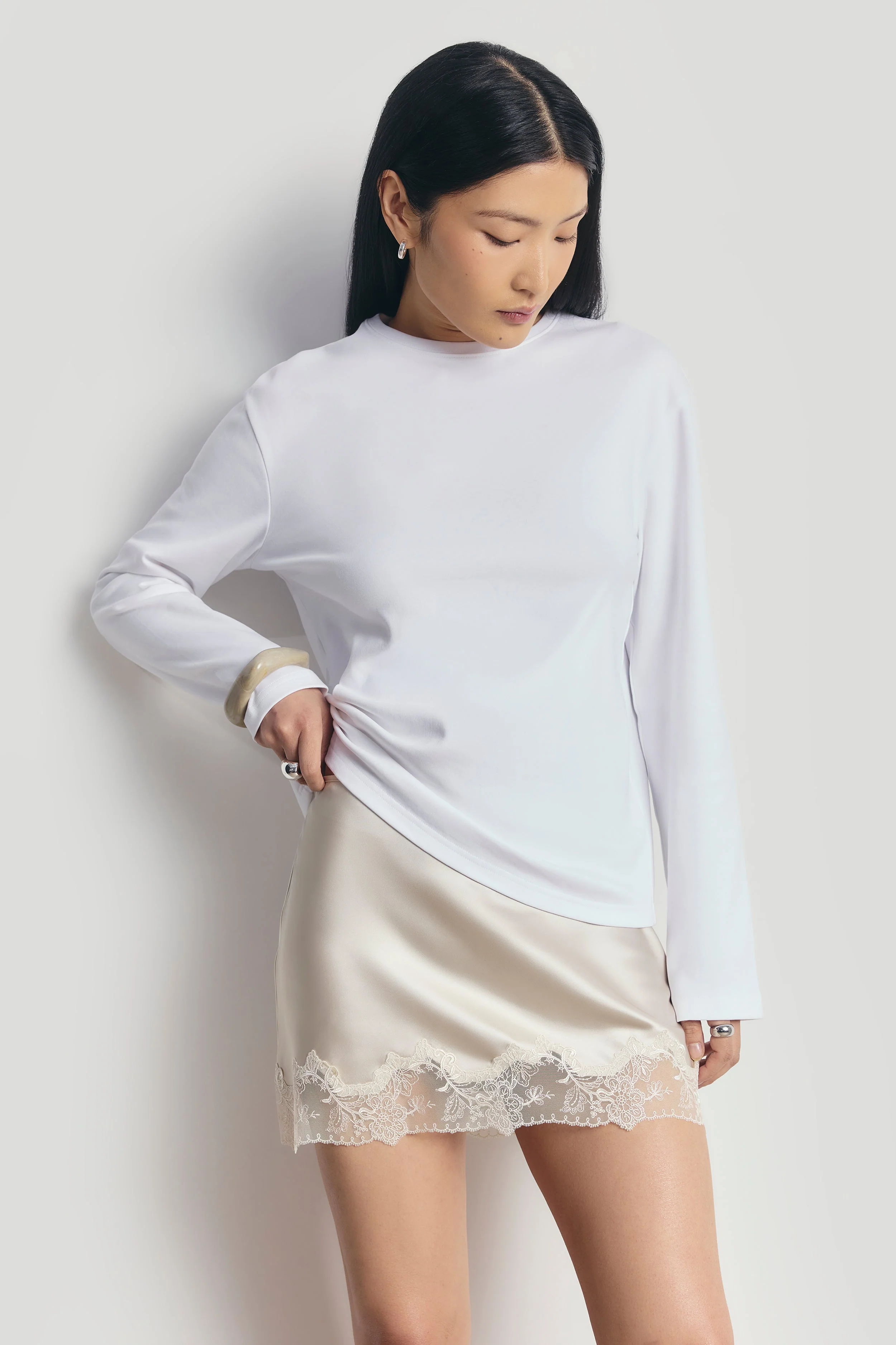 Satin Lace Detail Mini Skirt - Champagne - Image 2