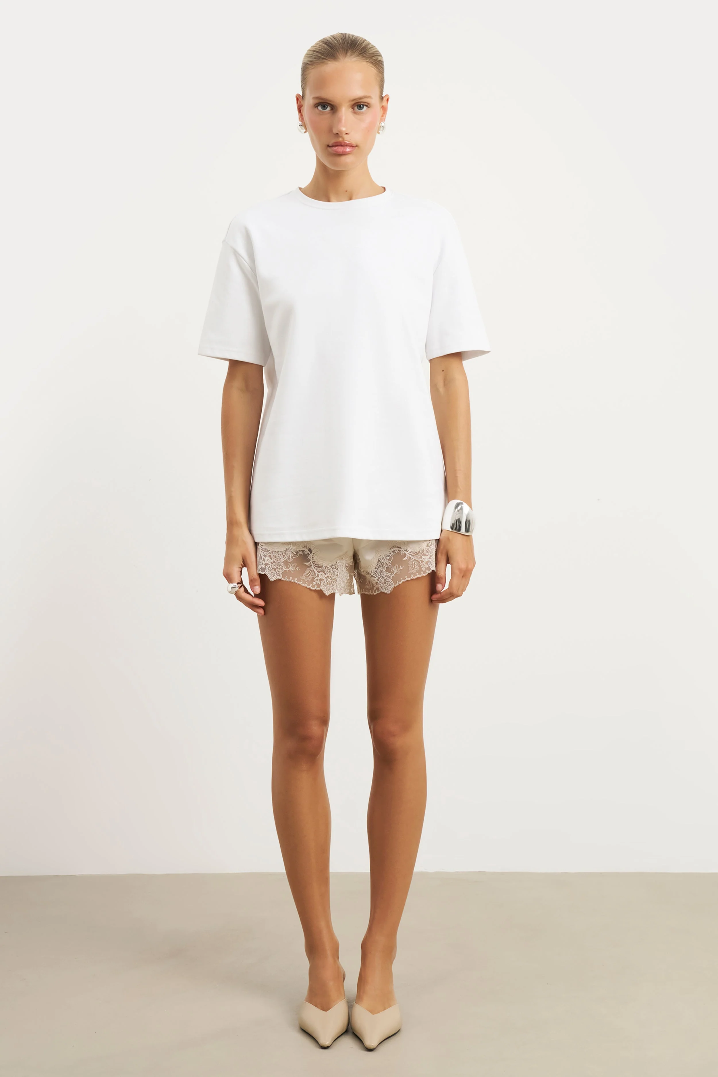Satin Lace Detail Shorts - Champagne - Image 3