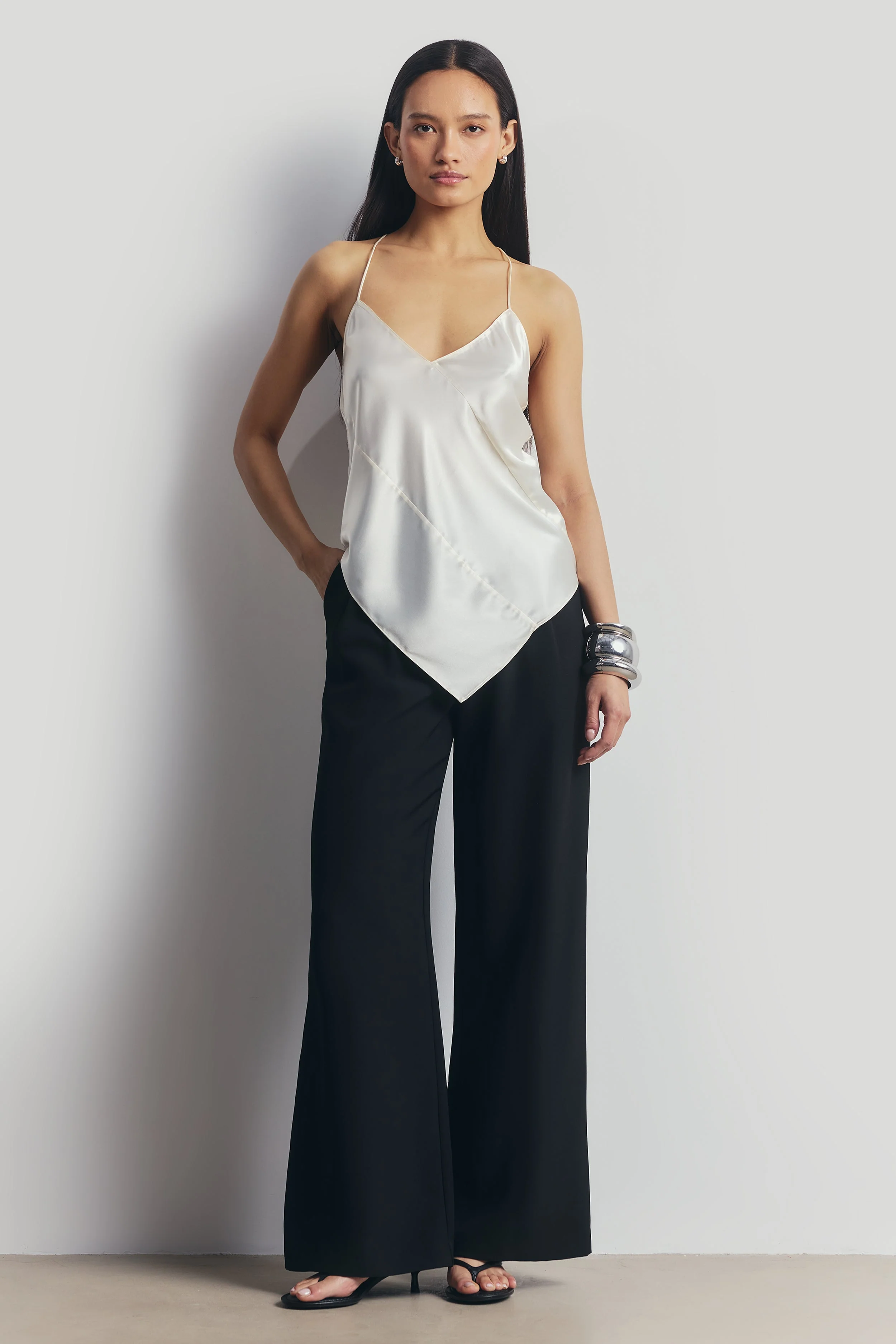 Satin Panel Detail V Neck Camisole - Cream - Image 7