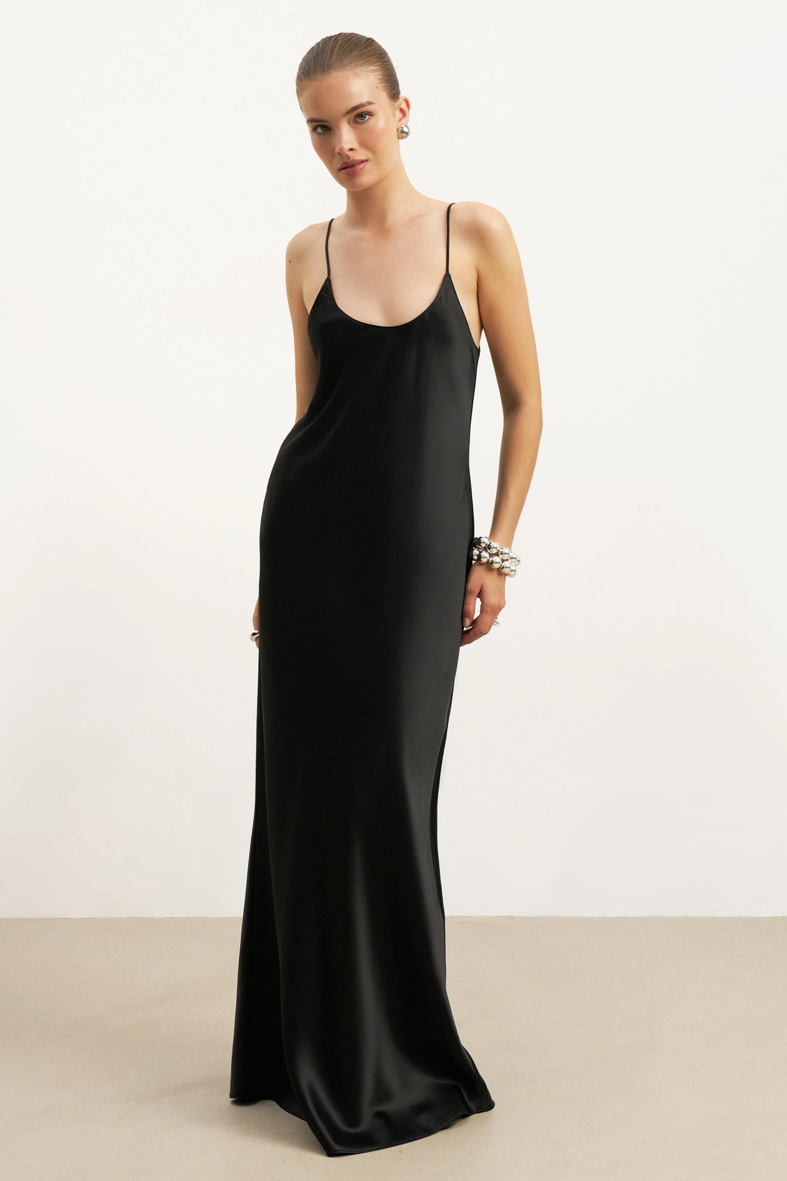Satin Scoop Neck Camisole Maxi Dress - Black - Image 6