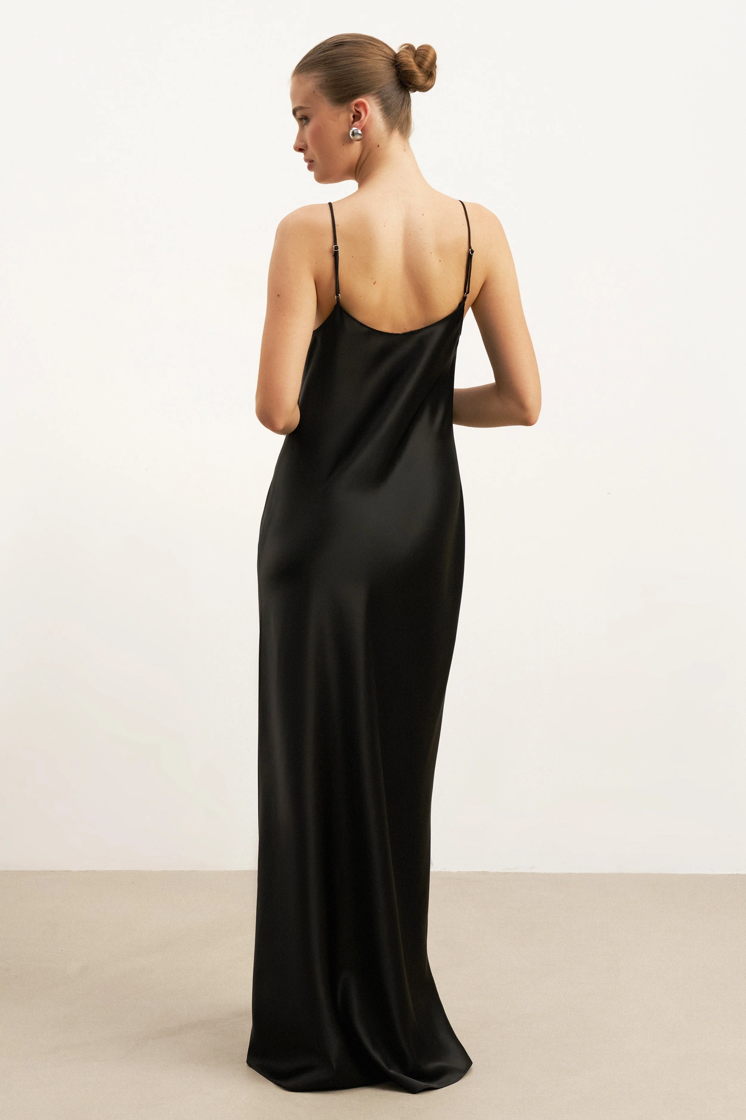 Satin Scoop Neck Camisole Maxi Dress - Black - Image 8