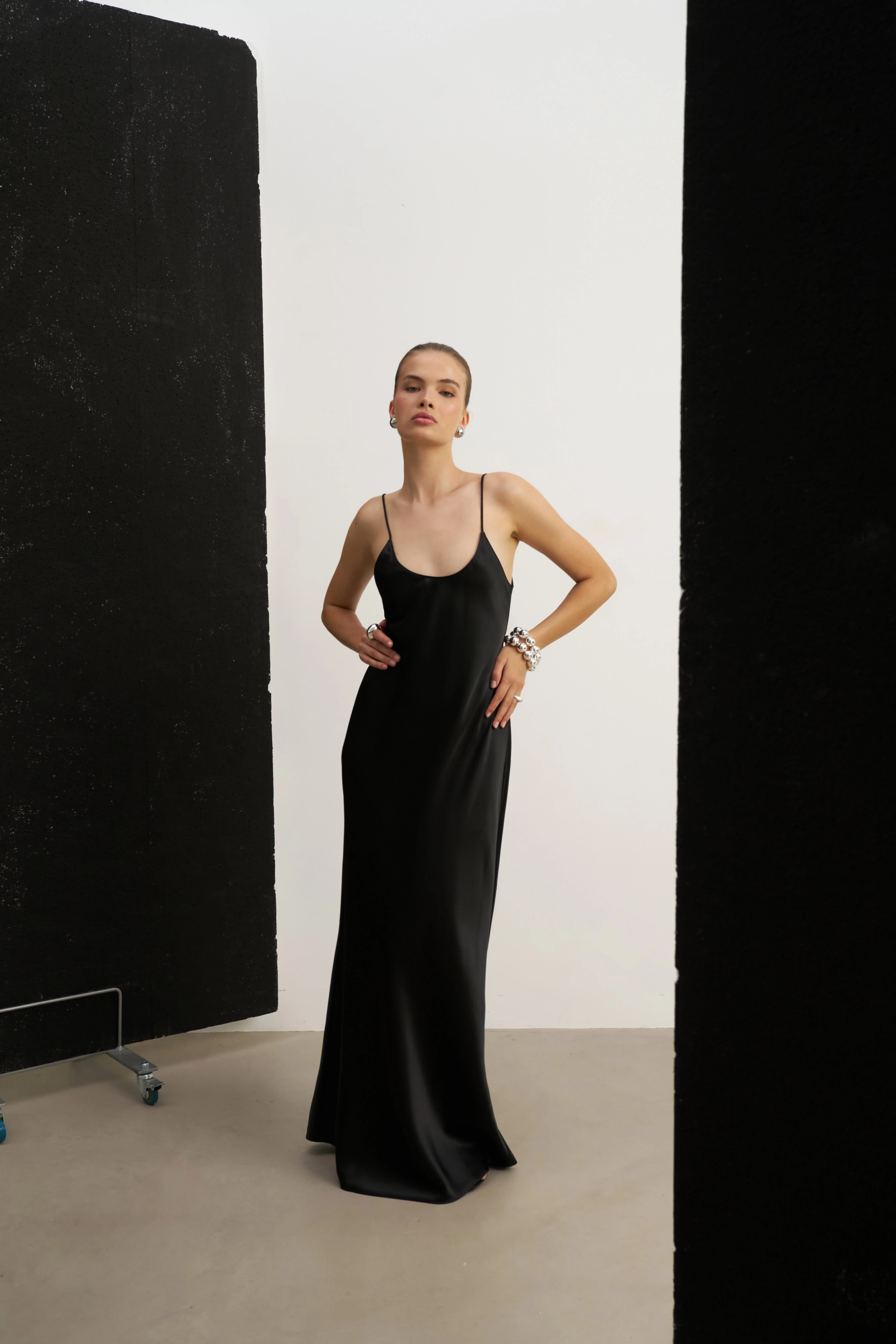 Satin Scoop Neck Camisole Maxi Dress - Black - Image 9