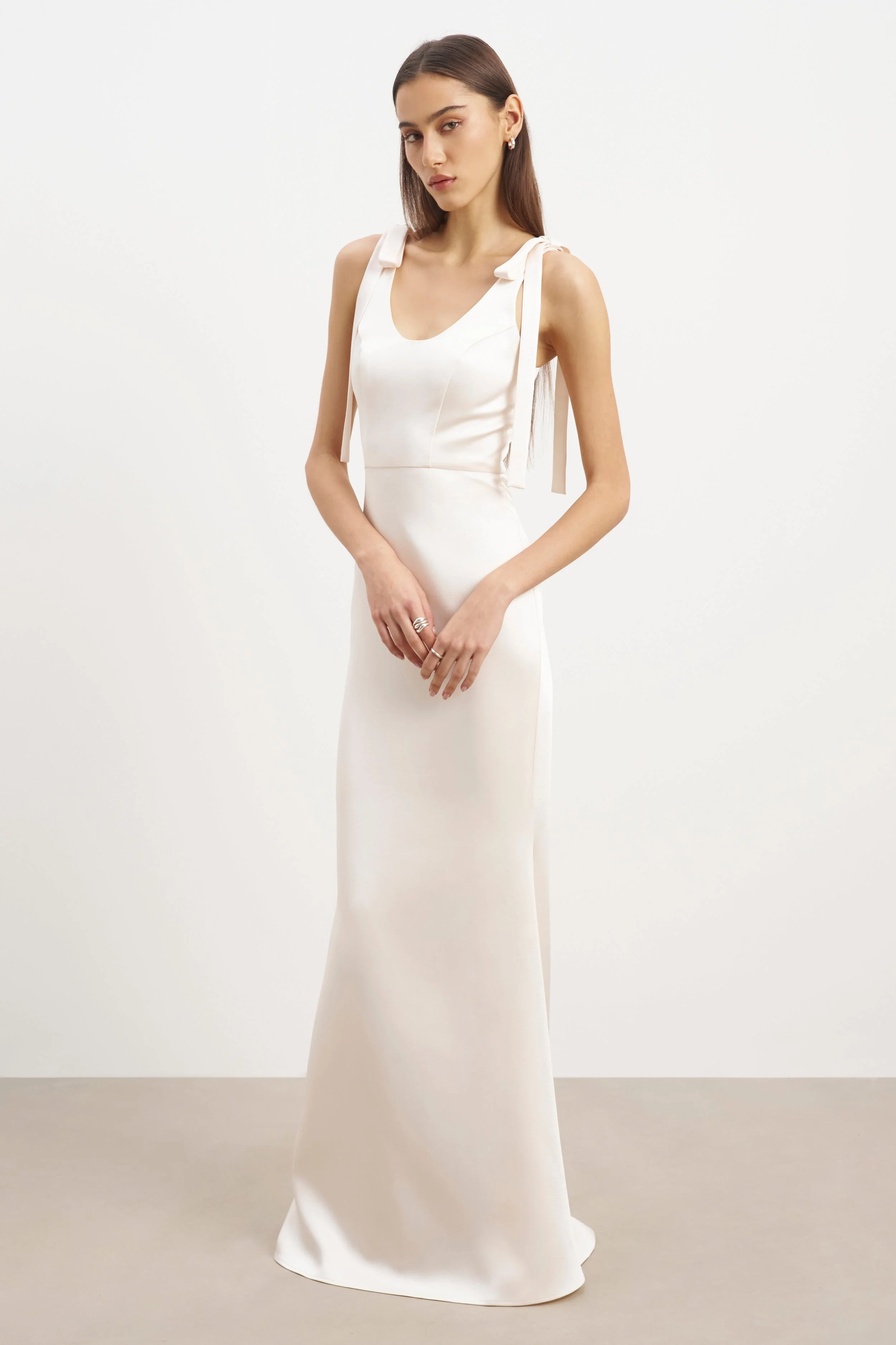 Satin Scoop Neck Gown with Bow Detail - Cream - Image 6