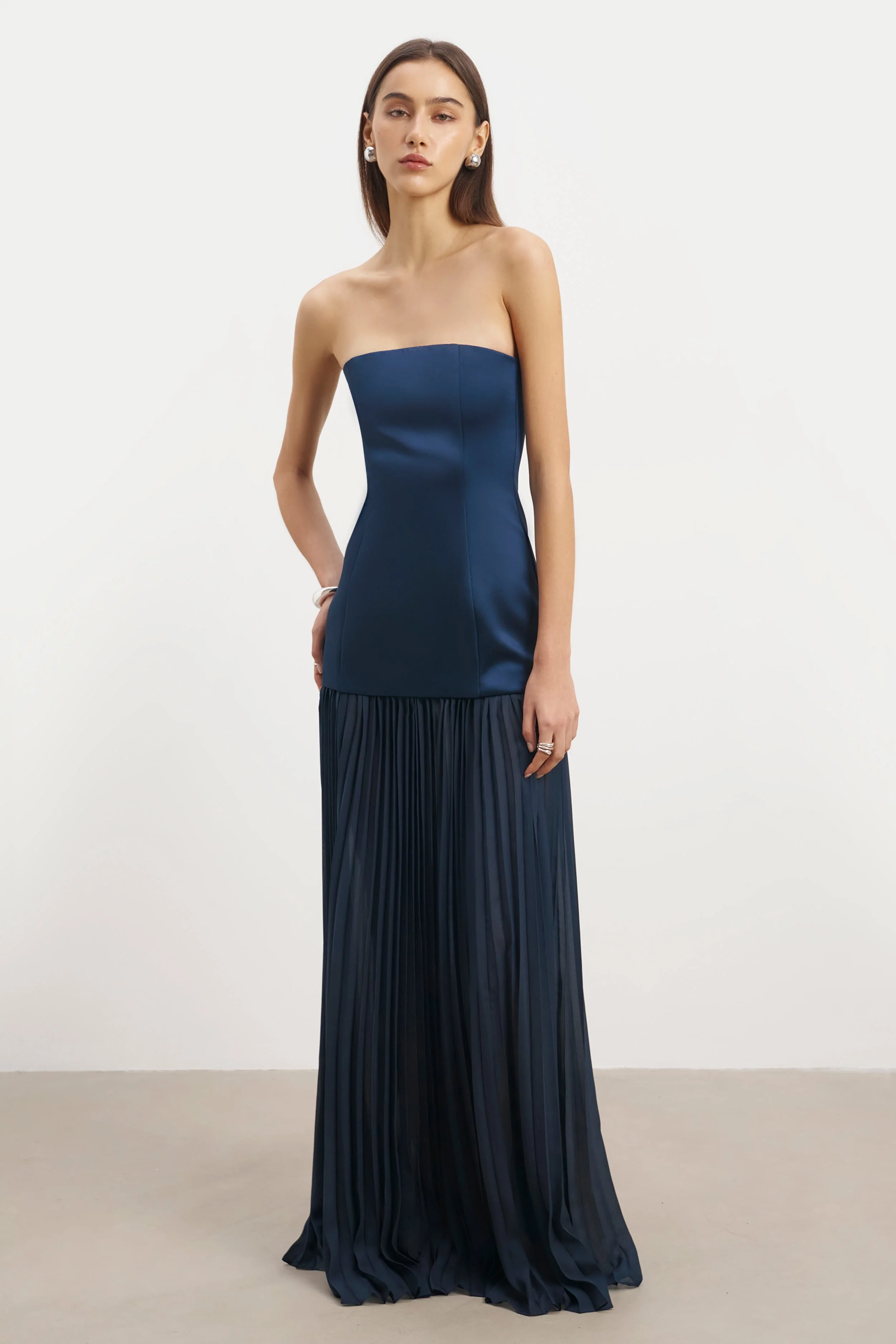 Satin Structured Bodice Gown - Navy - Image 2
