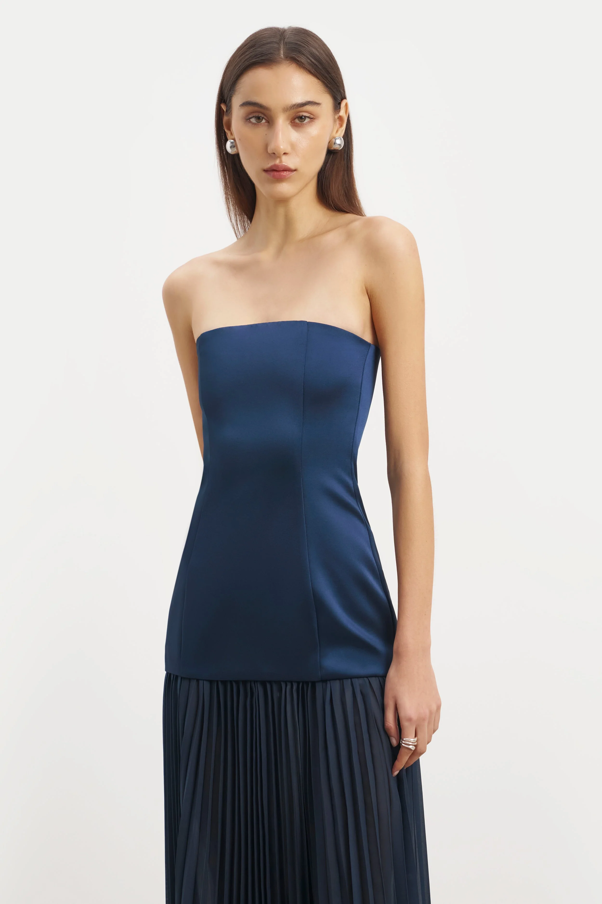 Satin Structured Bodice Gown - Navy - Image 3