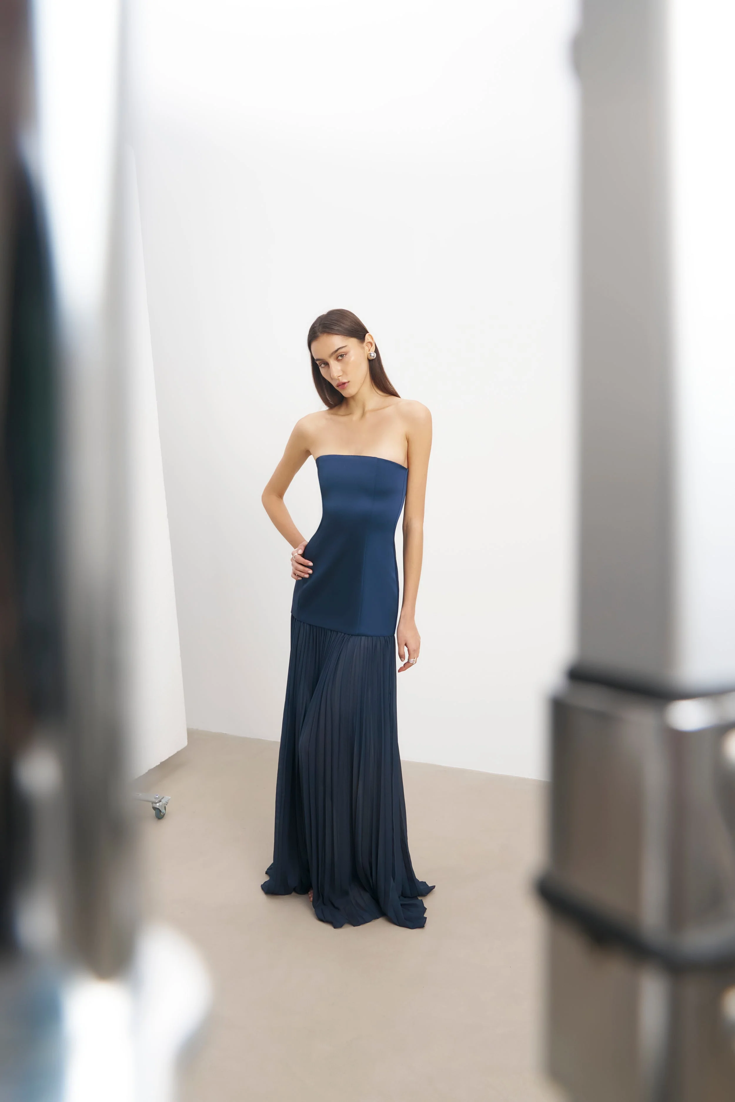 Satin Structured Bodice Gown - Navy - Image 5