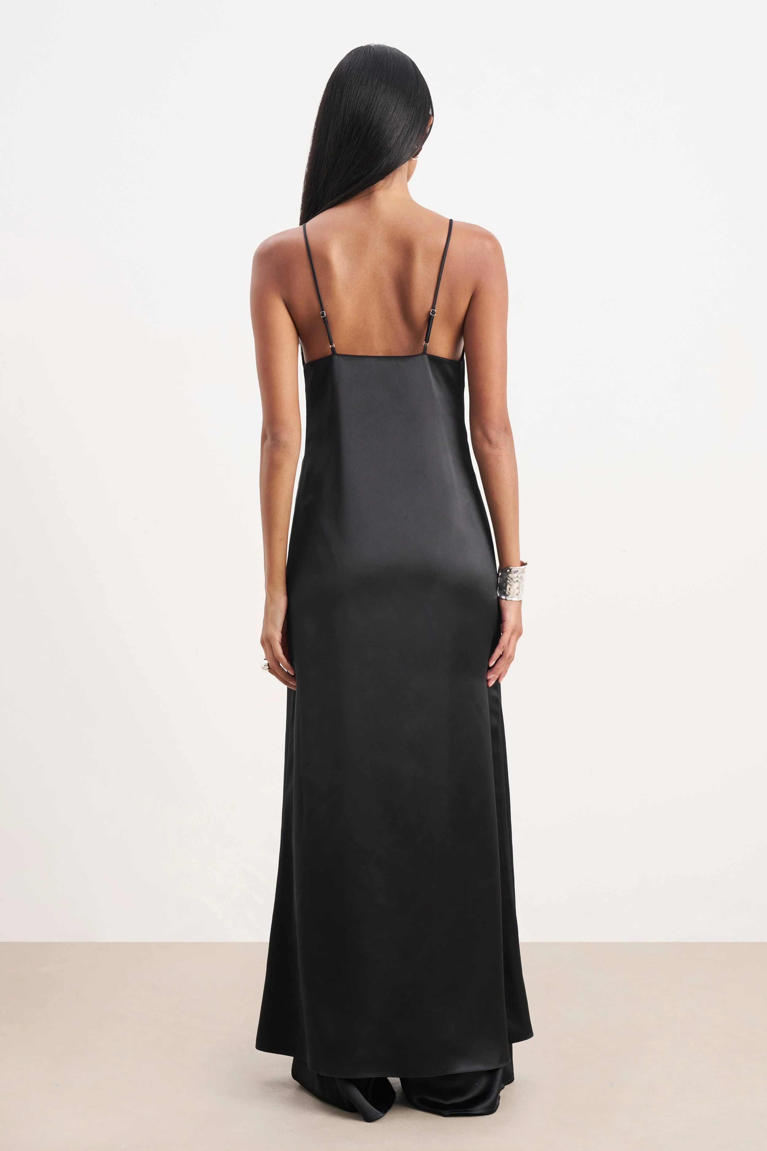 Satin V Neck Longline Camisole - Black - Image 8