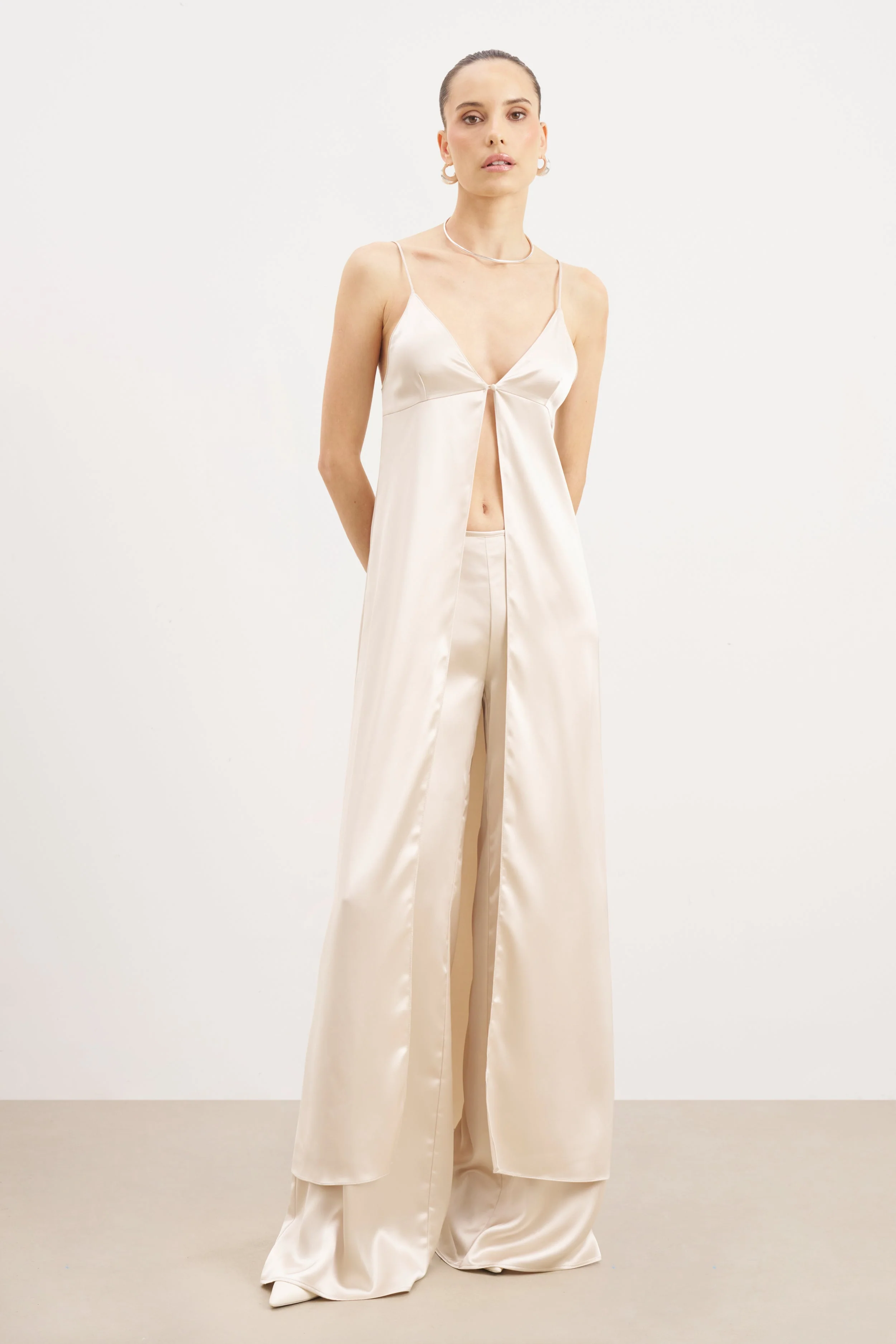 Satin V Neck Longline Camisole - Champagne