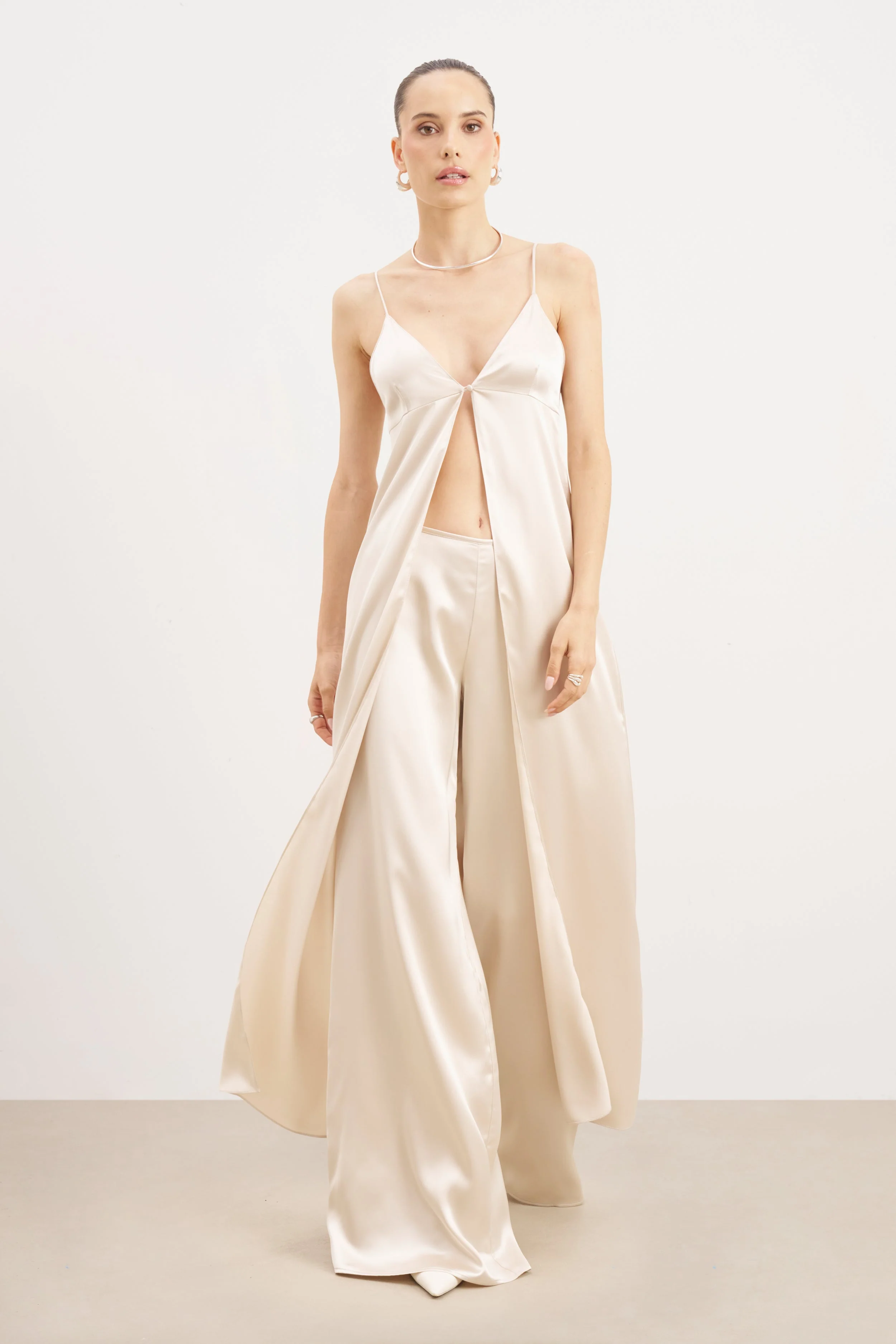 Satin V Neck Longline Camisole - Champagne - Image 5