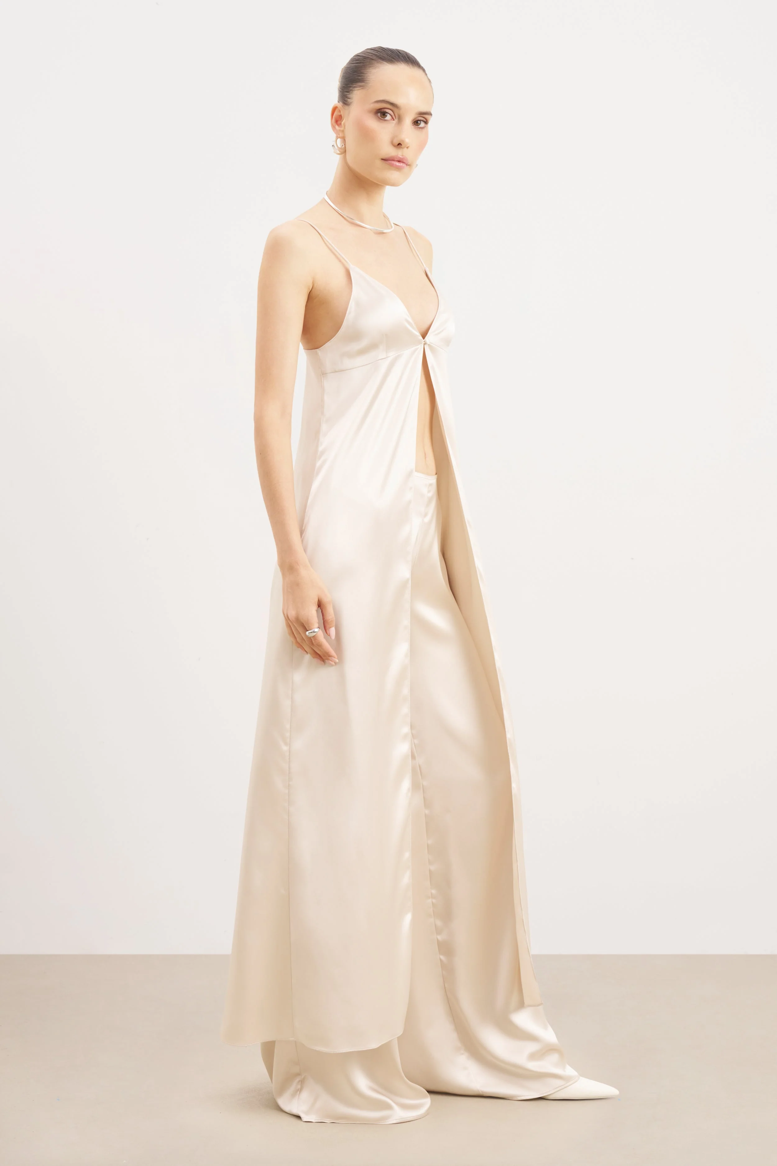 Satin V Neck Longline Camisole - Champagne - Image 6