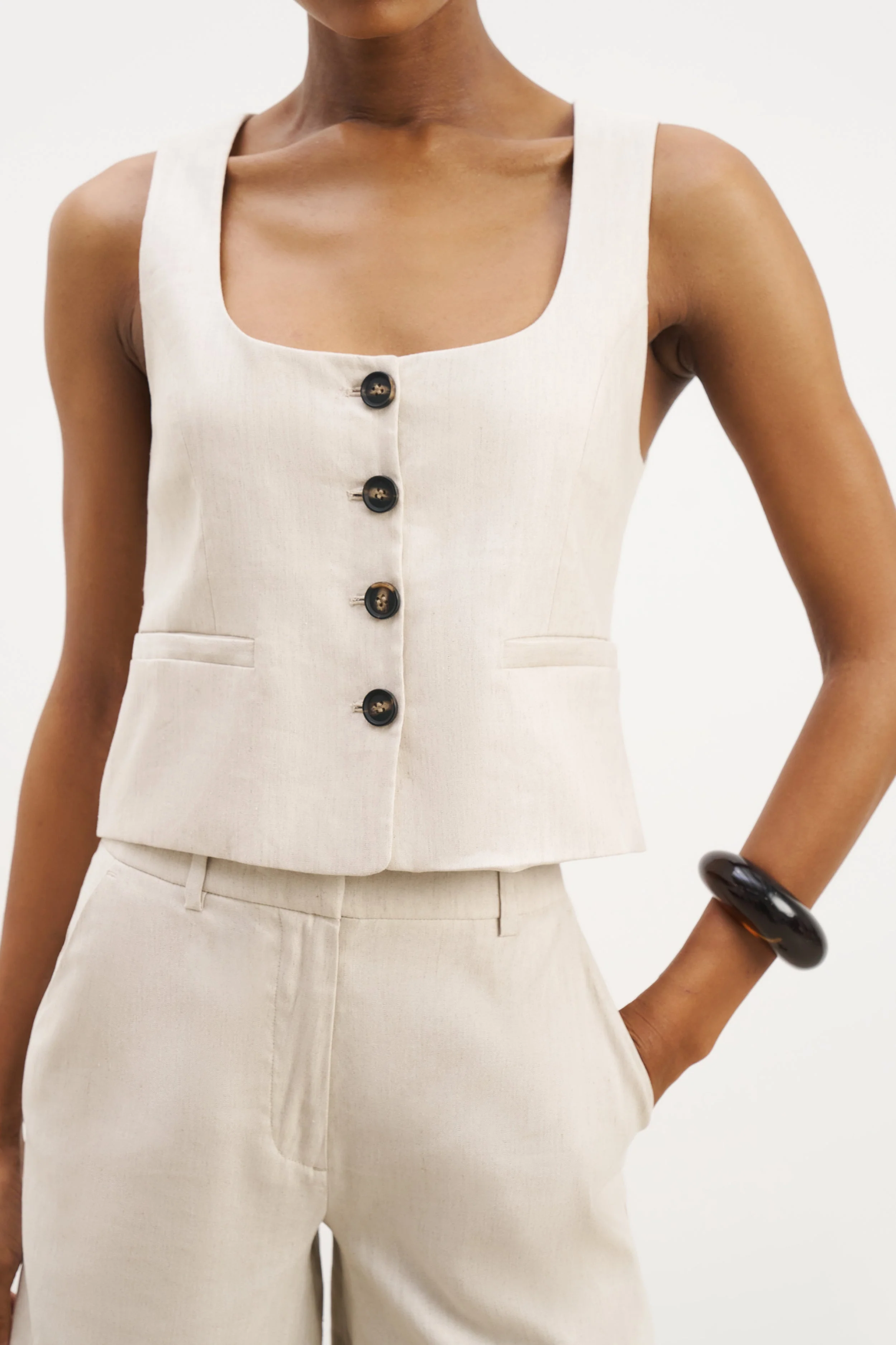Scoop Neck Linen Waistcoat - Birch - Image 3
