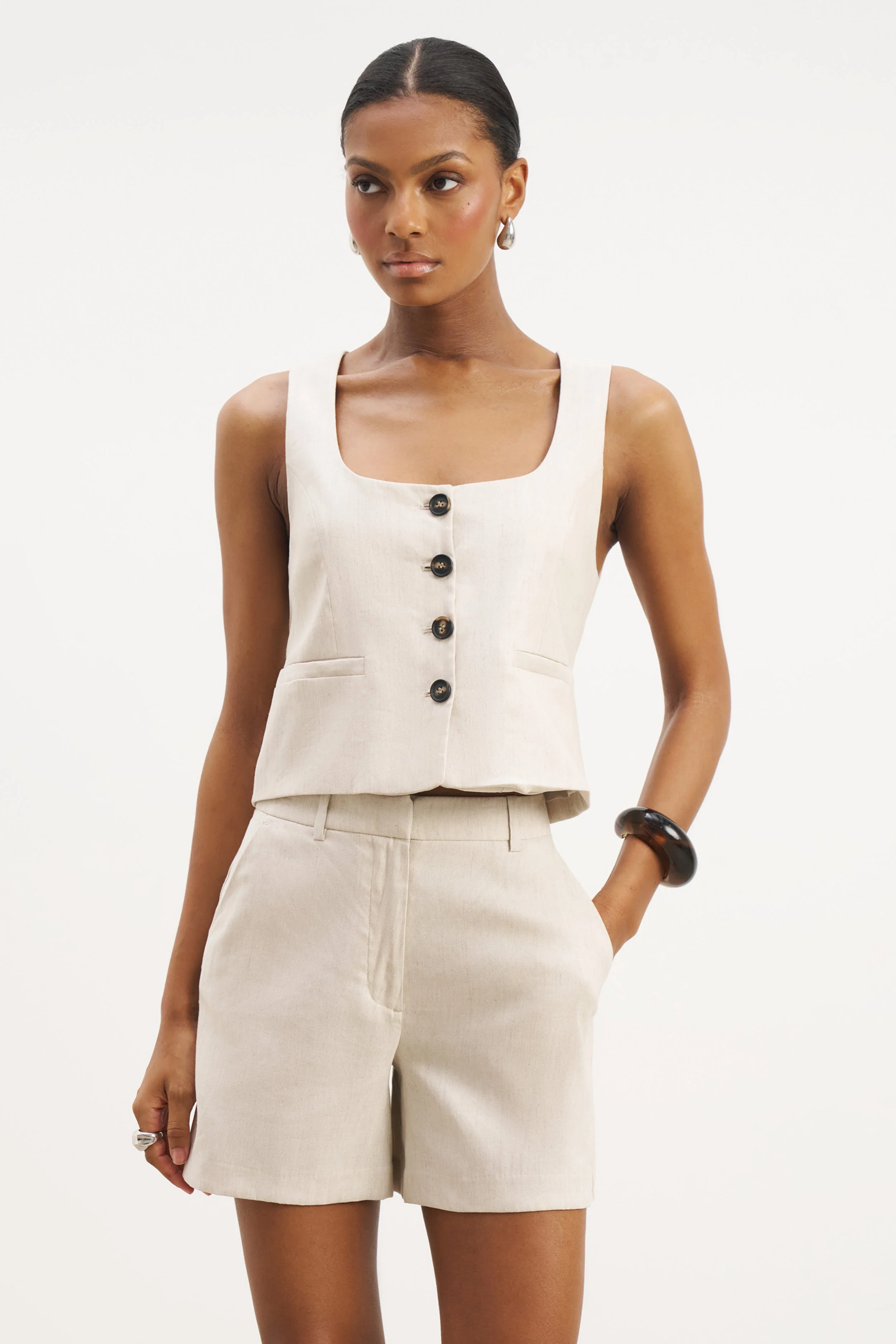 Scoop Neck Linen Waistcoat - Birch - Image 4