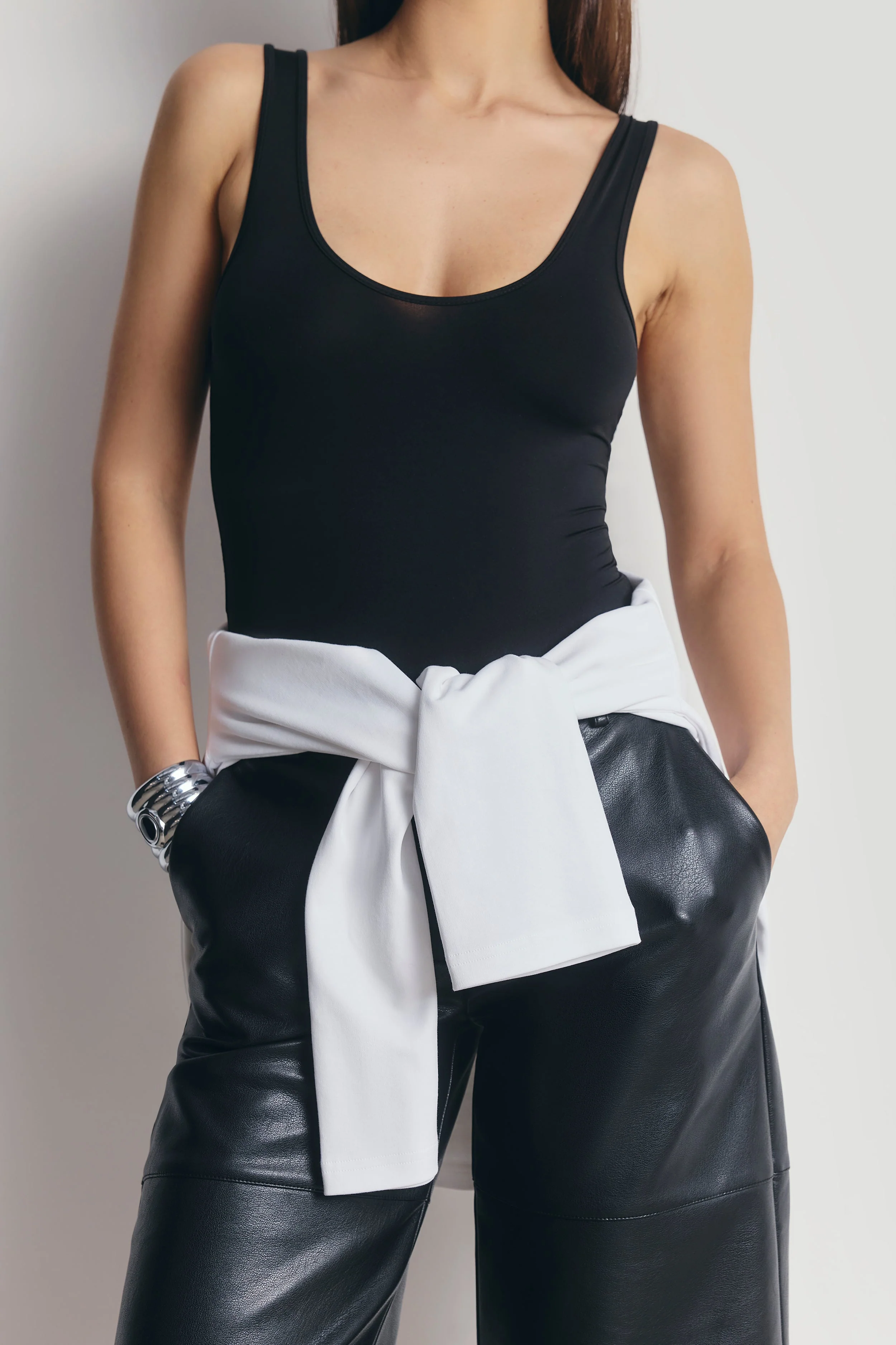 Semi Sheer Scoop Neck Bodysuit - Black - Image 3