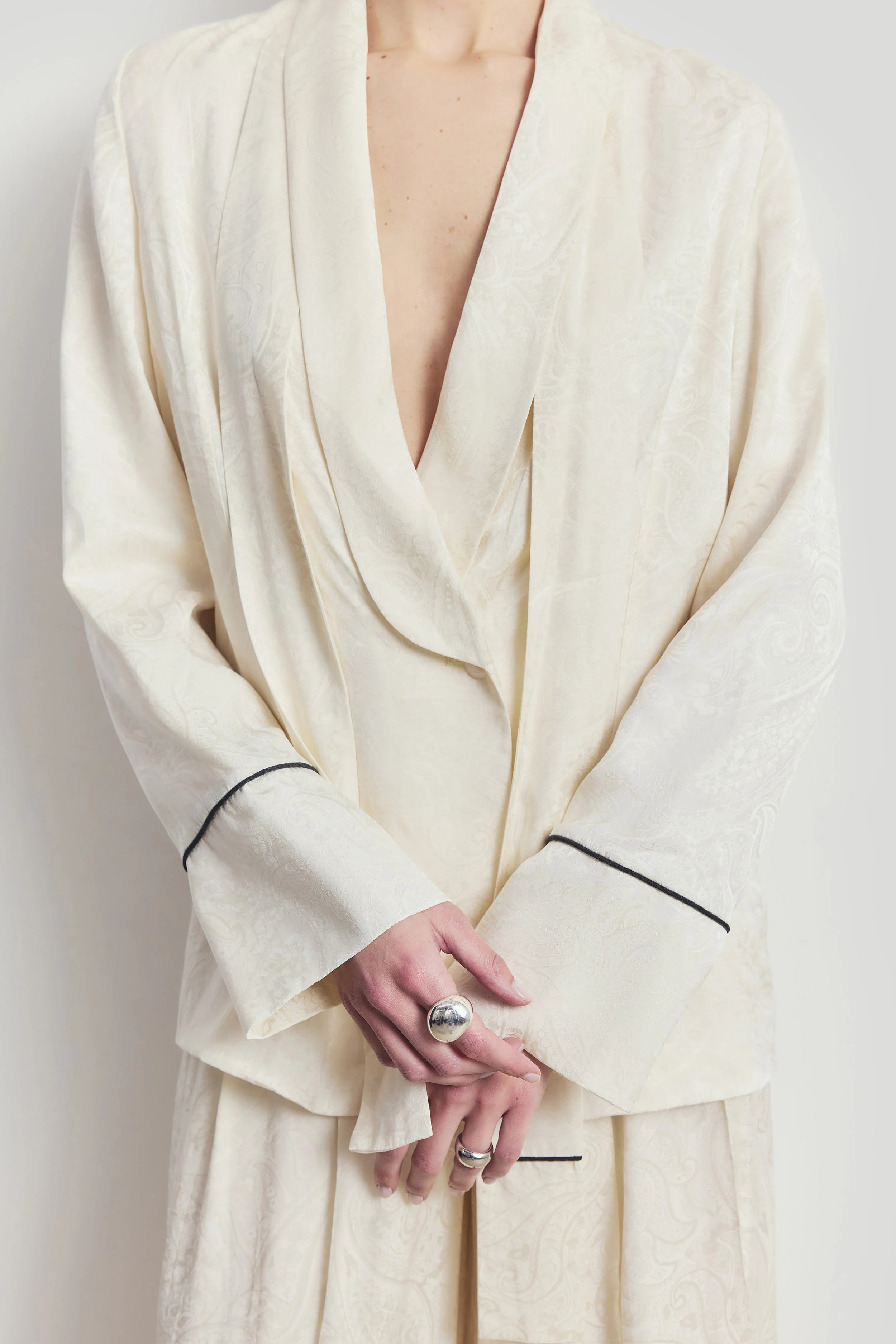 Shawl Collar Jacquard Blazer with Scarf - Cream - Image 3