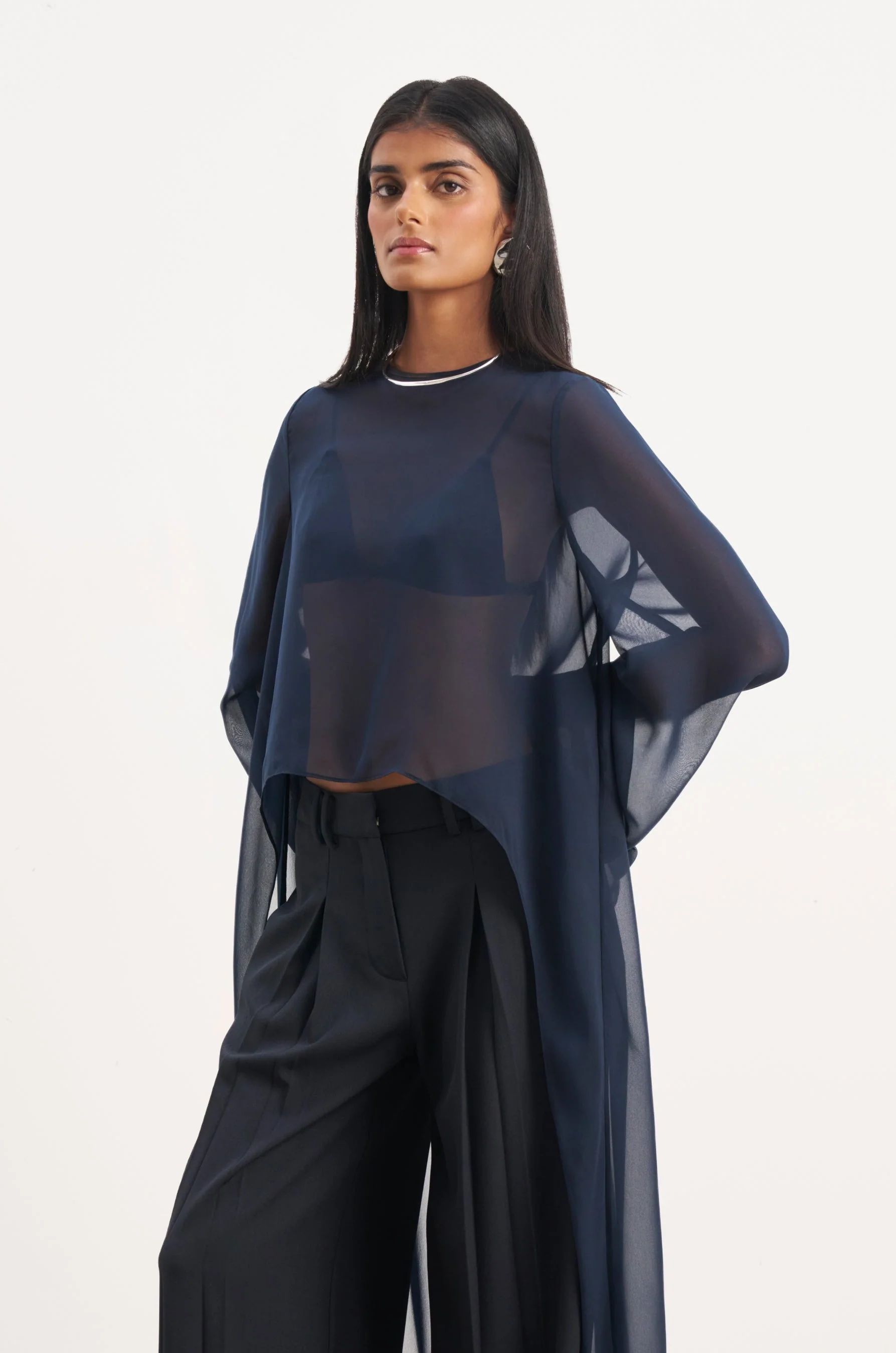 Sheer Chiffon Cape Blouse - Navy - Image 6