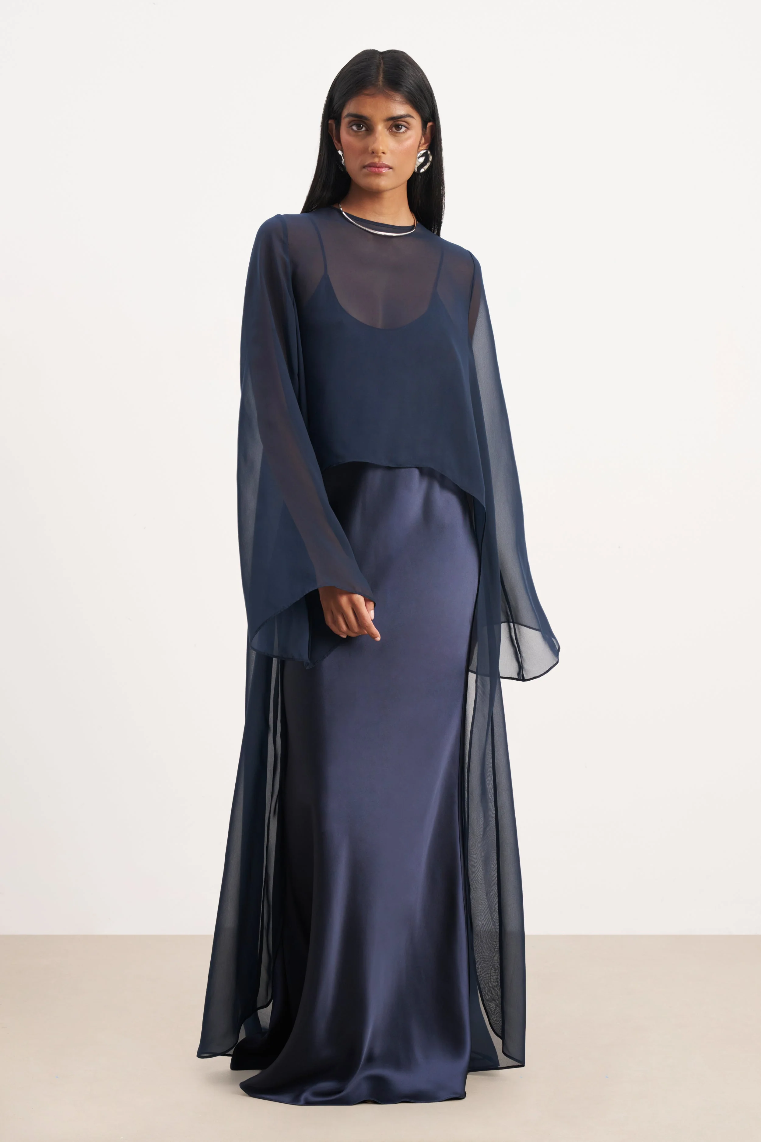 Sheer Chiffon Cape Blouse - Navy - Image 8