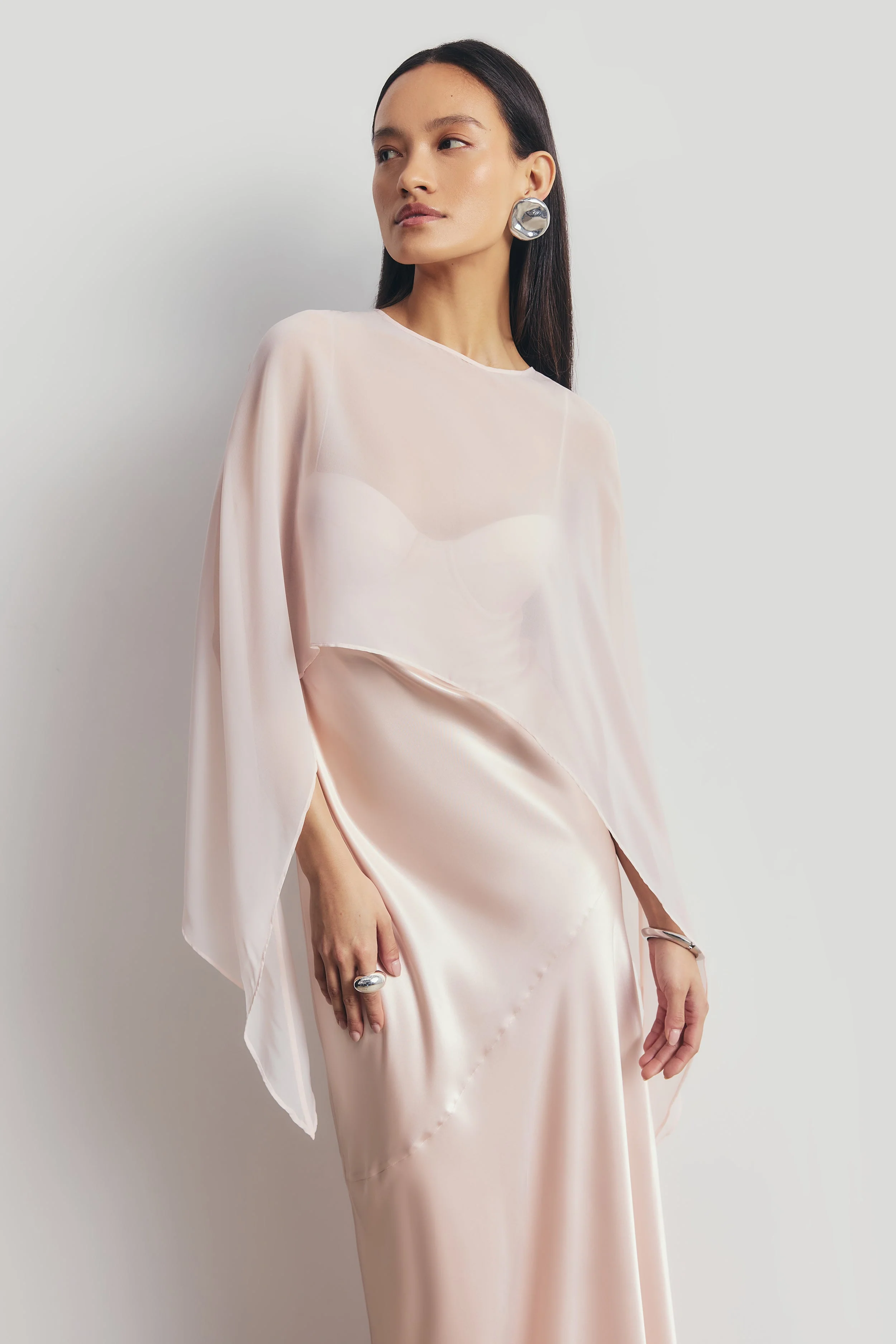 Sheer Chiffon Curved Hem Cape - Blush - Image 3