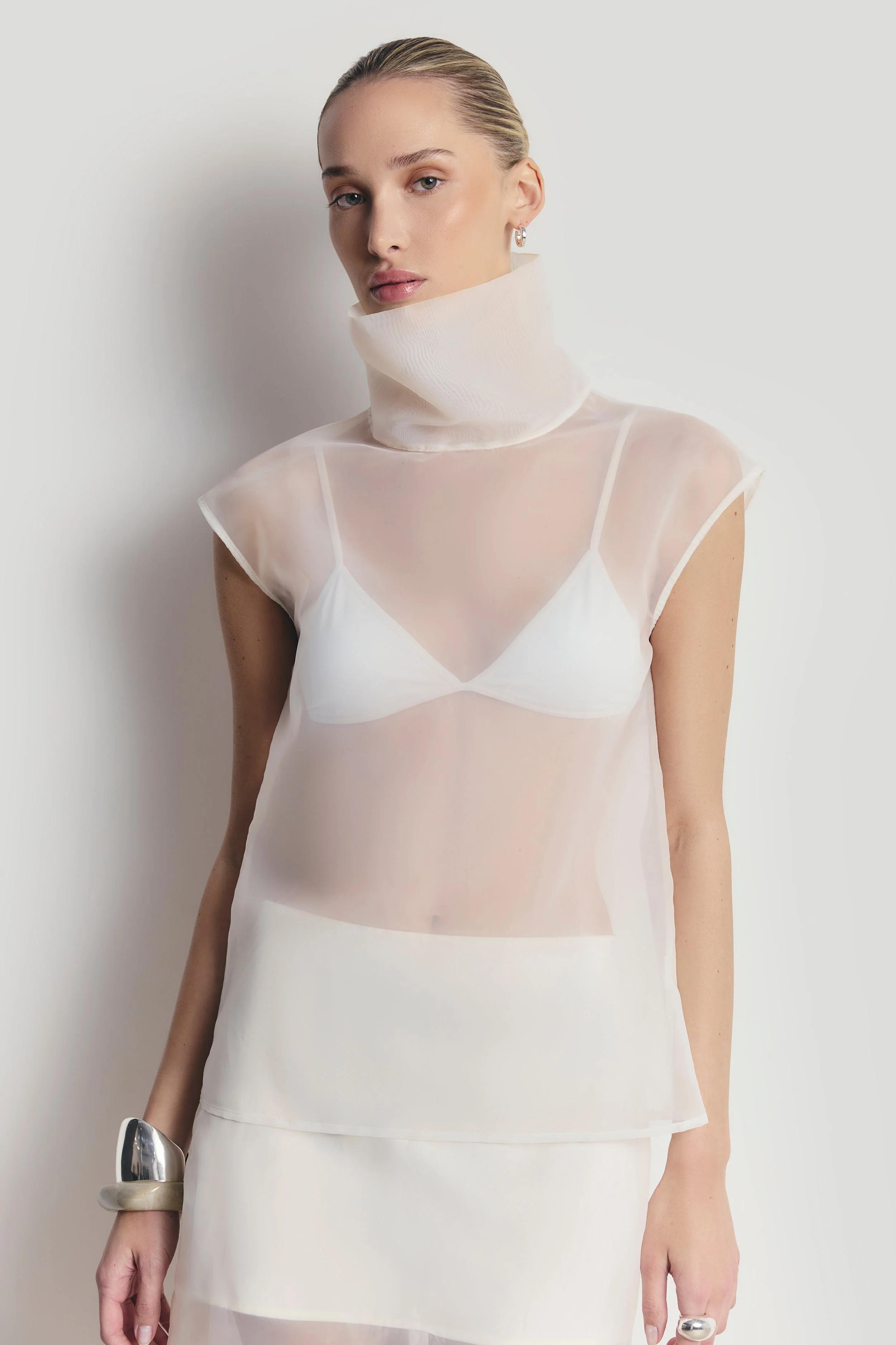 Sheer Organza Funnel Neck Blouse - Cream