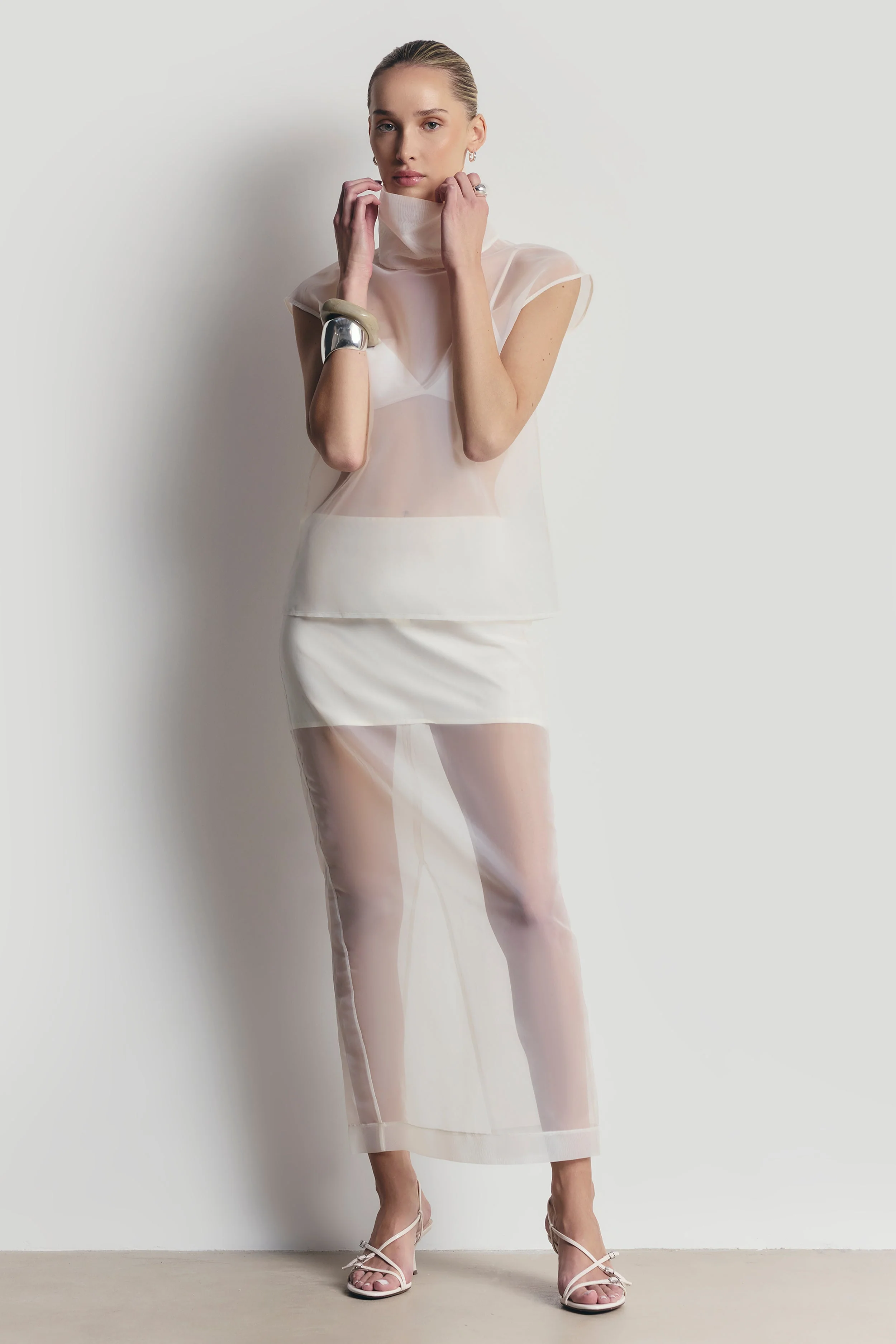 Sheer Organza Funnel Neck Blouse - Cream - Image 2