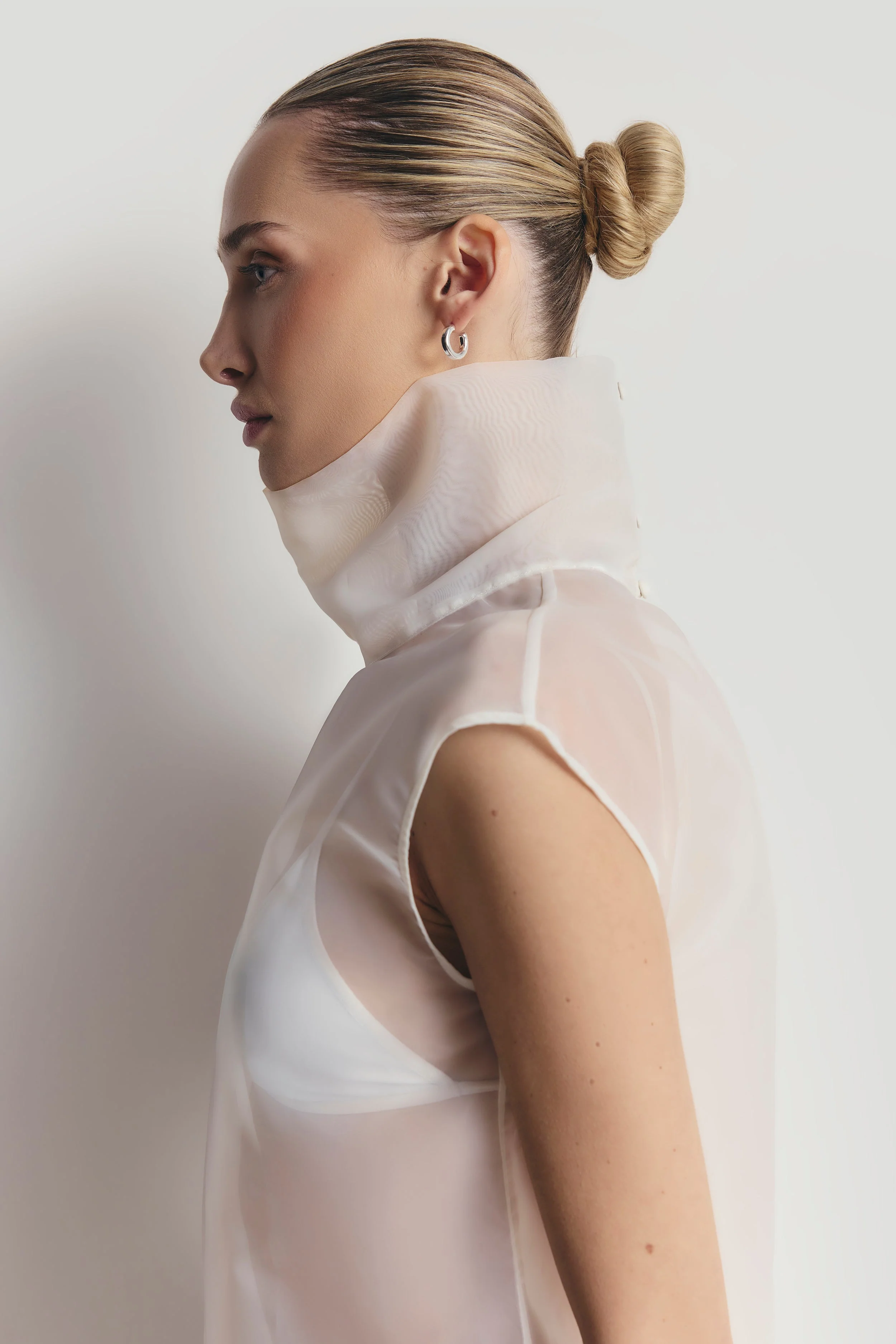 Sheer Organza Funnel Neck Blouse - Cream - Image 5