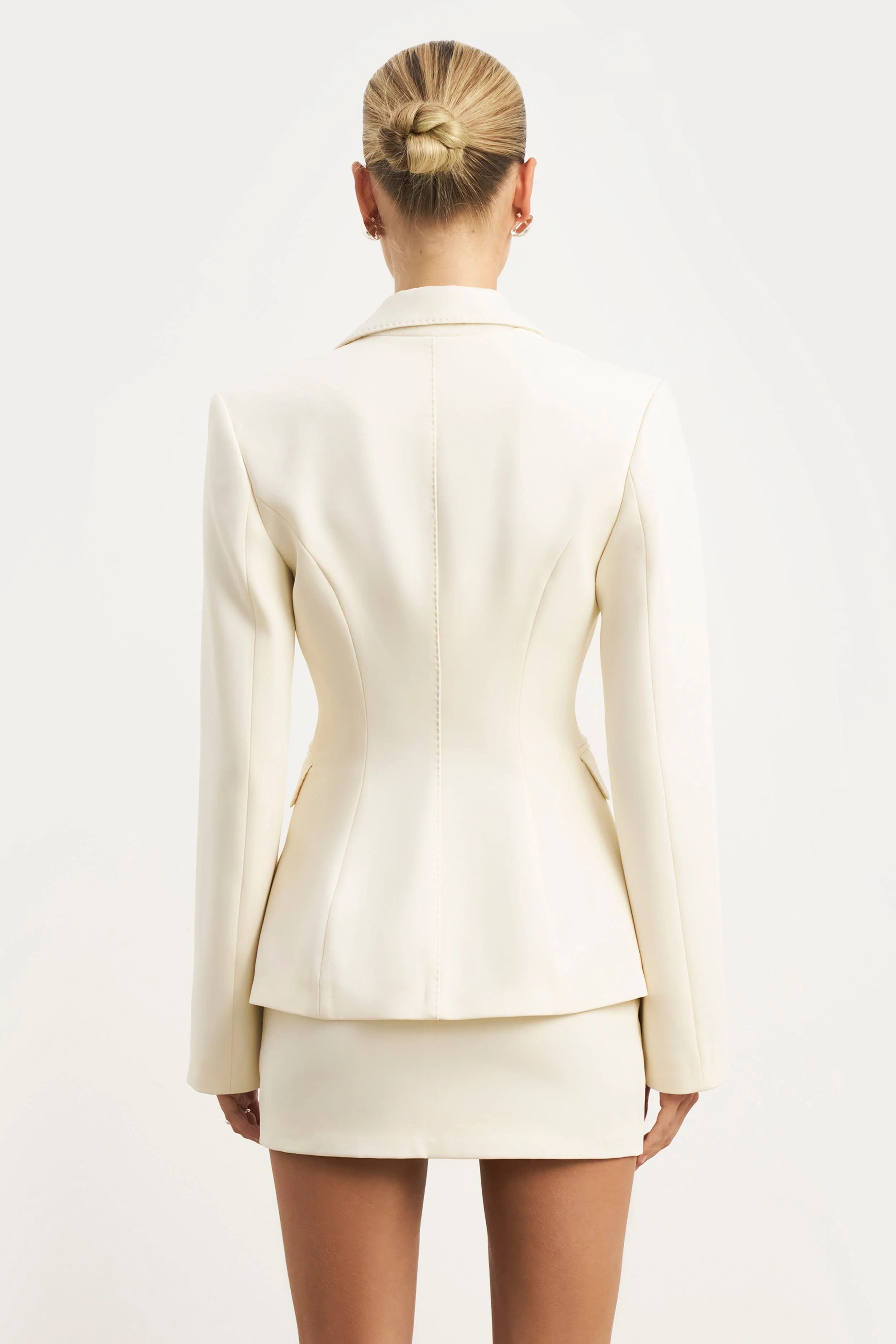 Single Breasted Cinched Waist Blazer - Cream - Image 5