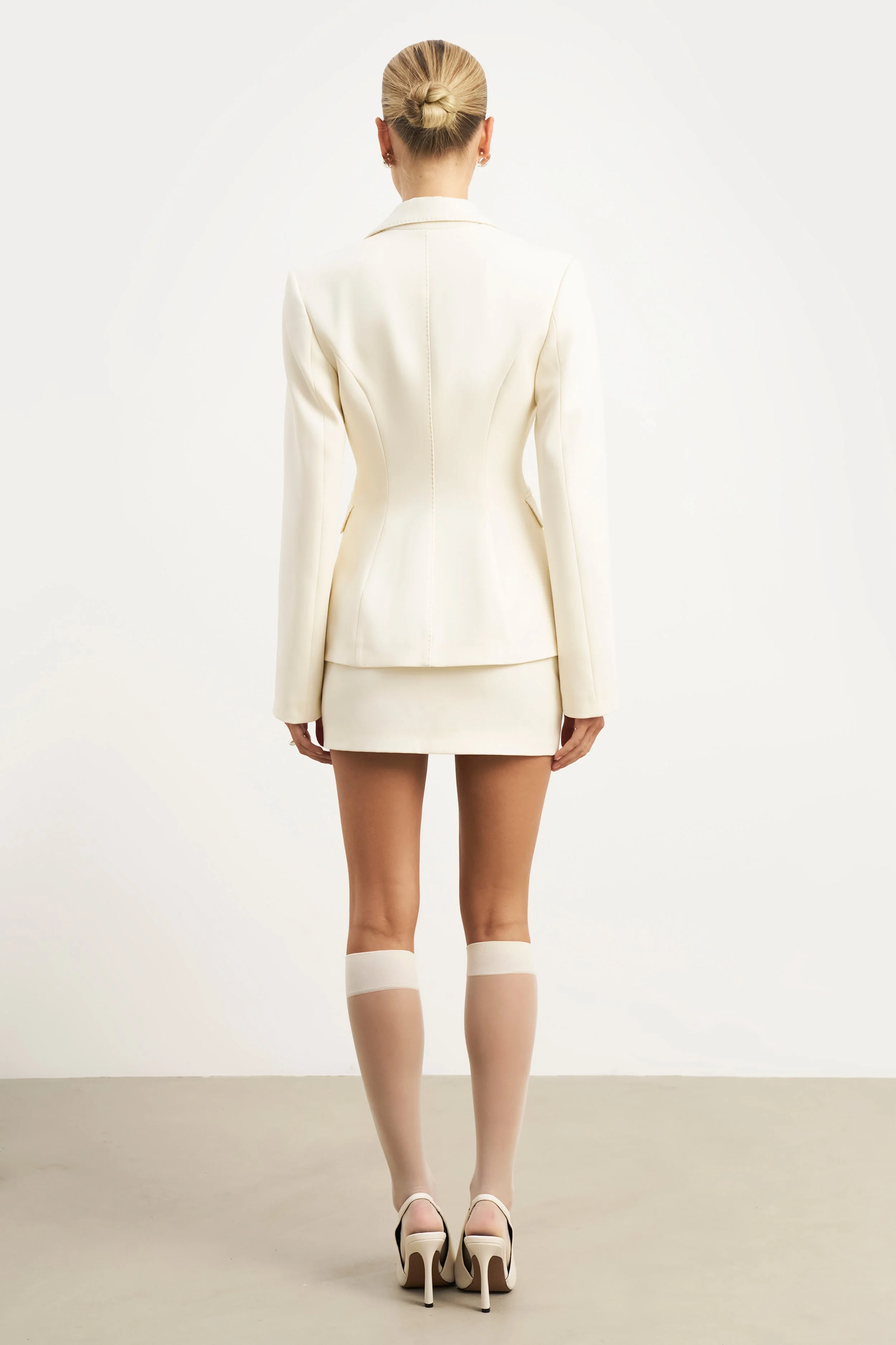 Single Breasted Cinched Waist Blazer - Cream - Image 6