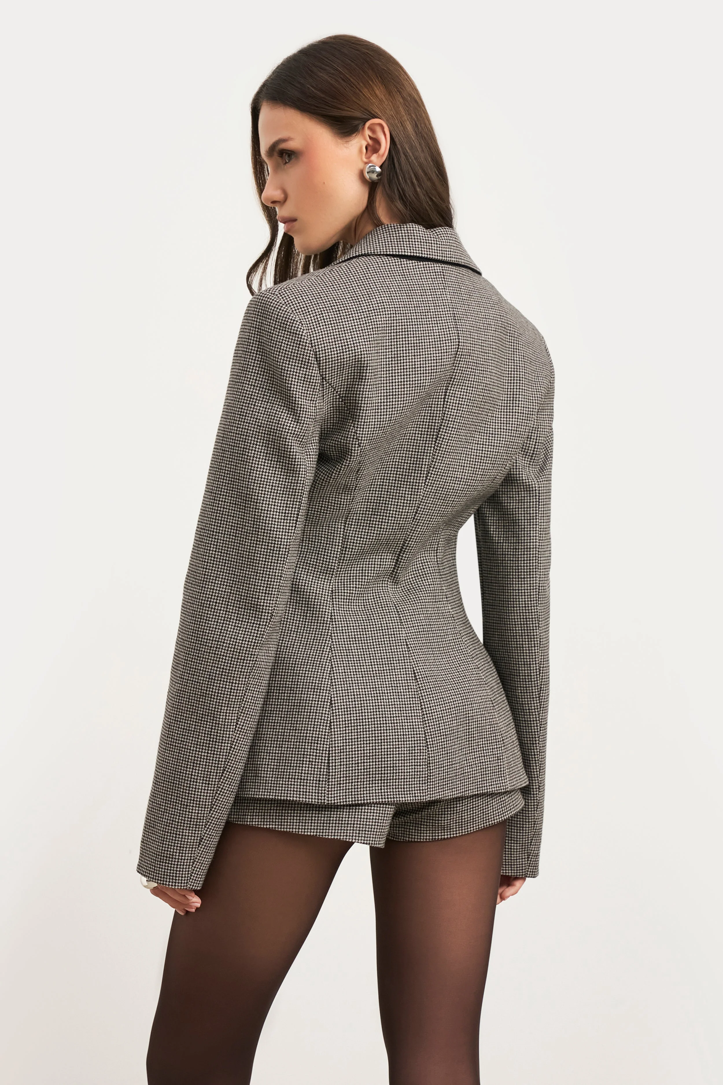 Single Breasted Cinched Waist Blazer - Houndstooth - Image 7